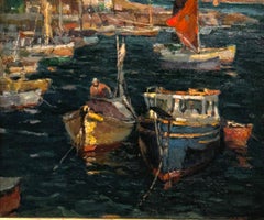Retro "Last Ray of Sun", Seascape, Fishing Boats, Cape Ann Cove, Colorful Oil Painting