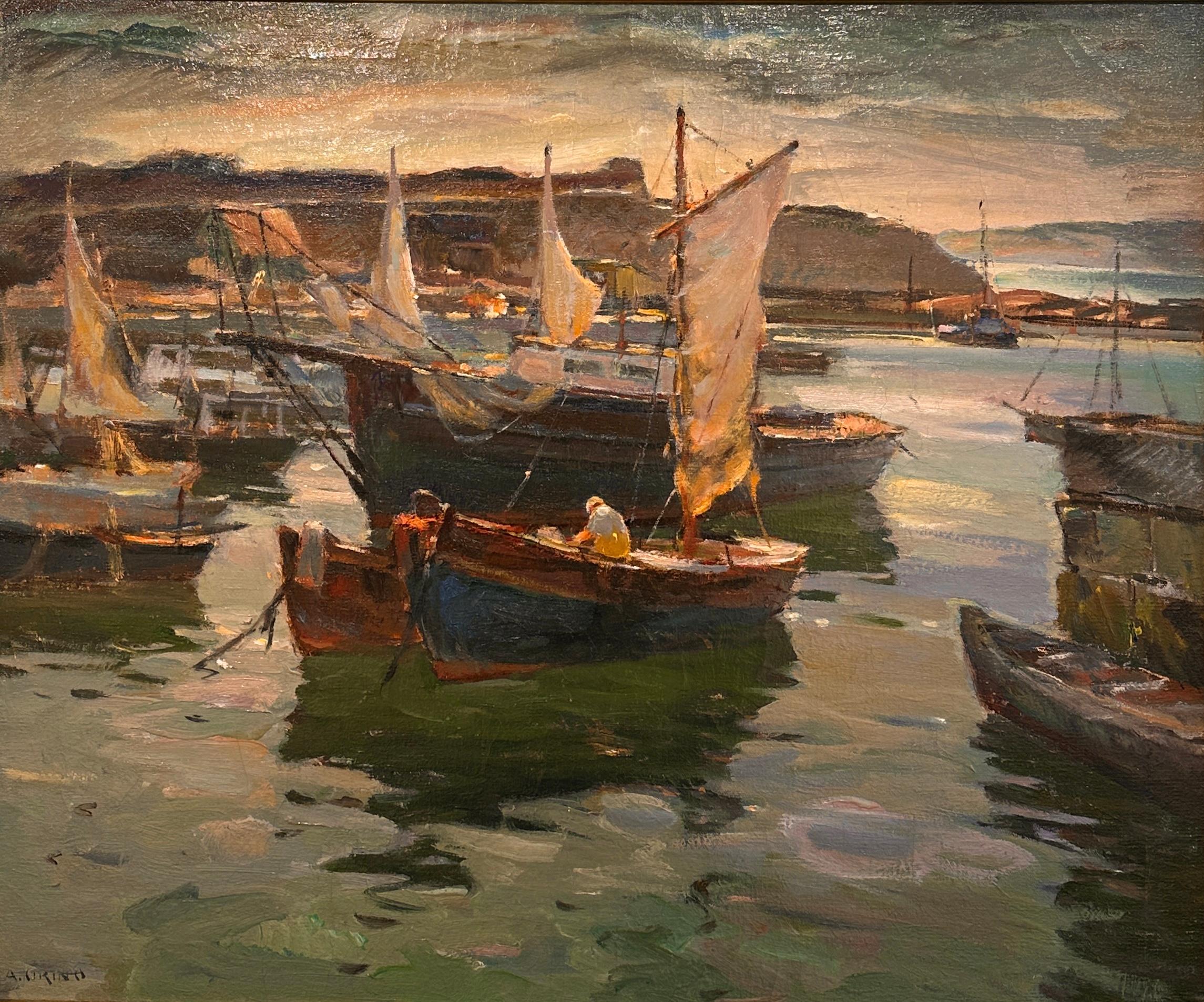 El cuadro de Antonio Cirino titulado "Cala de Palomas" capta la tranquila belleza de una Cala de Palomas al atardecer. La luz cálida y dorada baña el agua y los barcos amarrados, proyectando suaves reflejos y realzando la textura del agua ondulante.