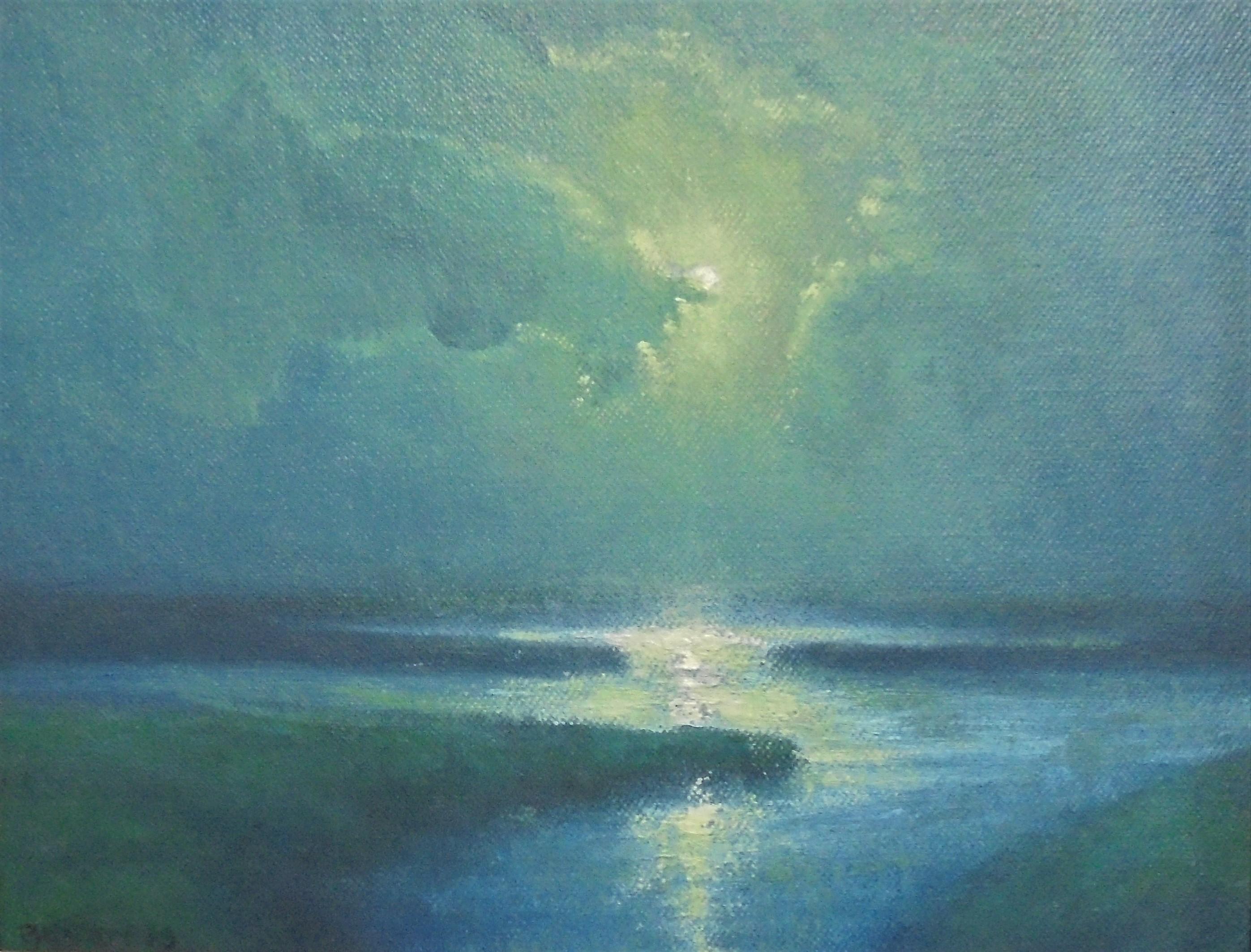  Seascape Oil Painting Award Winning Artist Michael Budden Moonlight Marsh II - Black Landscape Painting by Antonio Cirino