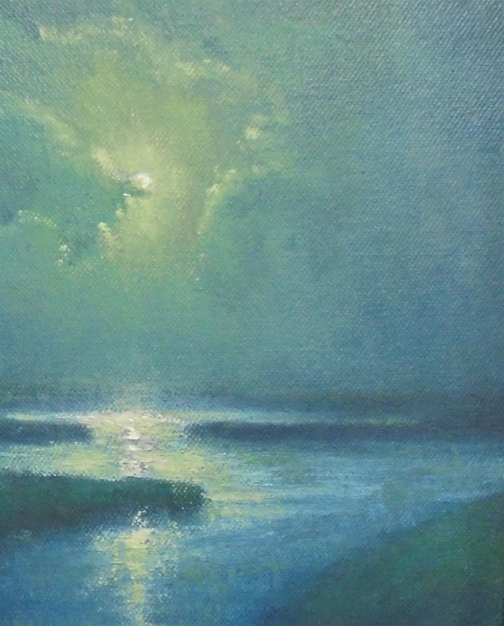  Peinture à l'huile de paysage marin Artiste primé Michael Budden Marais au clair de lune II - Noir Landscape Painting par Antonio Cirino