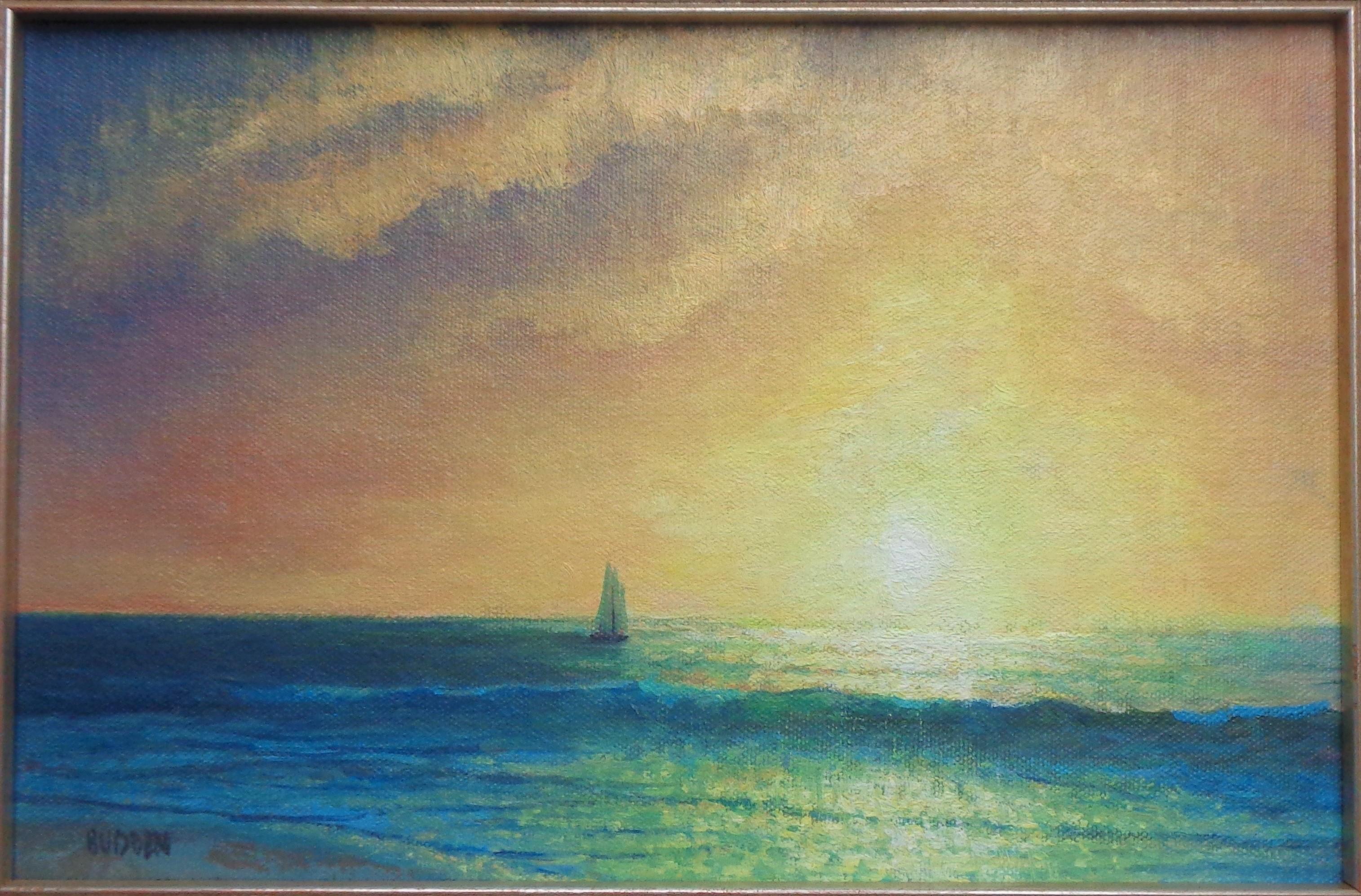 Sunrise Seascape Oil Painting by Award Winning Artist Michael Budden (en anglais) - Gris Landscape Painting par Antonio Cirino
