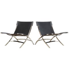 Antonio Citterio Flexform Chrome & Black Leather Timeless Lounge Chairs, a Pair