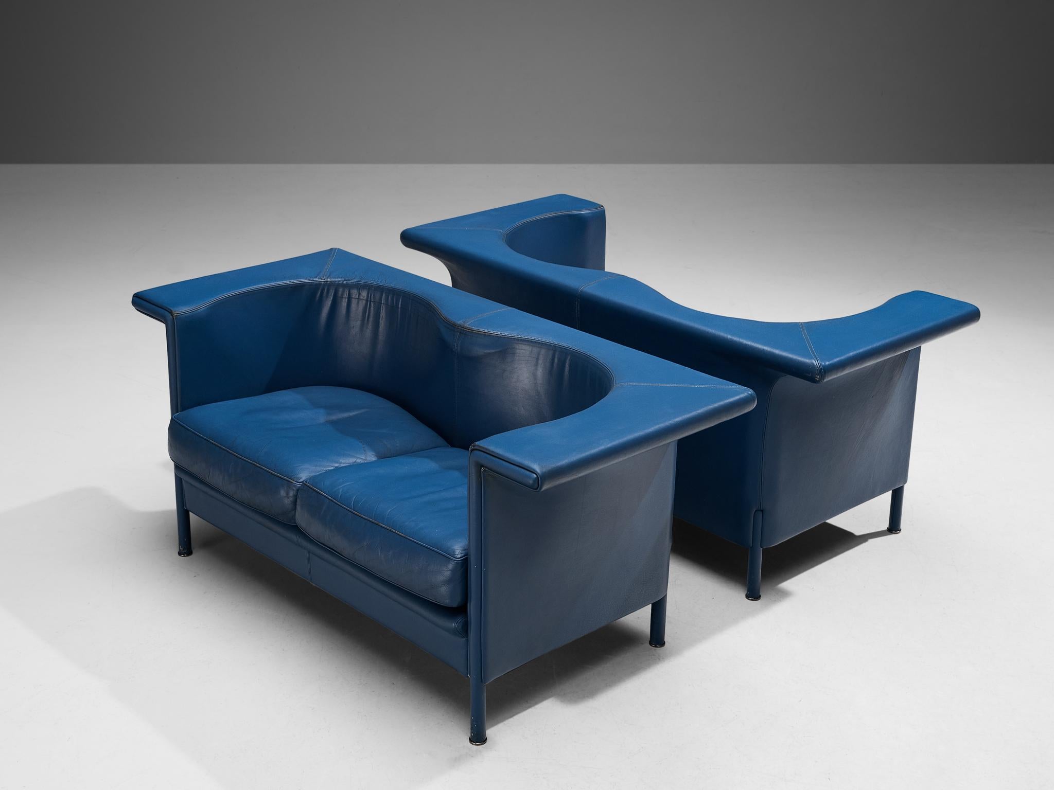 Antonio Citterio for Moroso, sofas model 'Cricket', leather, Italy, 1988

Interestingly shaped blue leather settee by Italian designer Antonio Citterio for manufacturer Moroso. This chair embodies a dynamic appearance that, for instance, comes