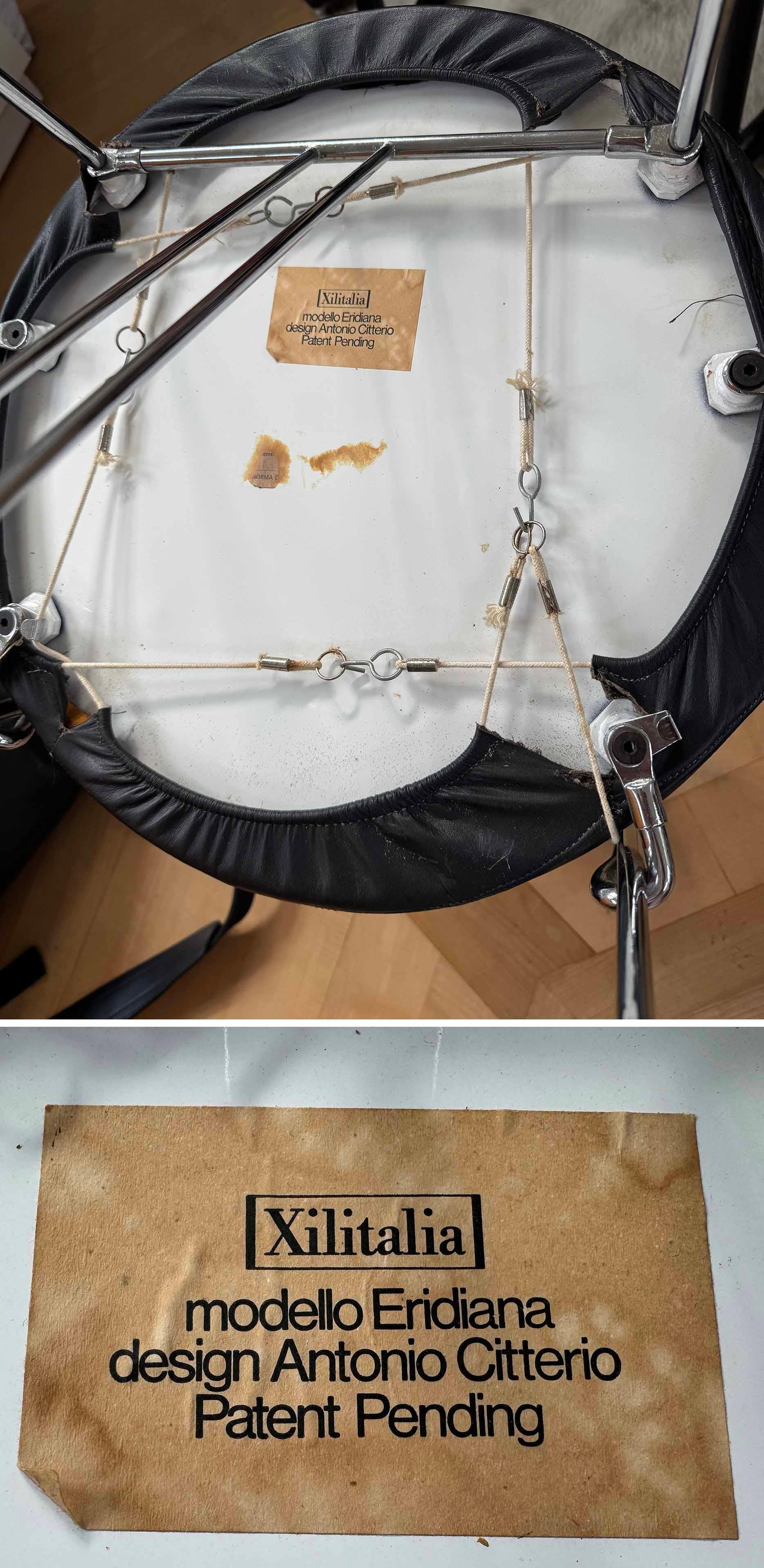 Italian Antonio Cittero Eridiana Leather + Metal Chairs, Xilitalia, Italy, 1980s, Set 6 For Sale