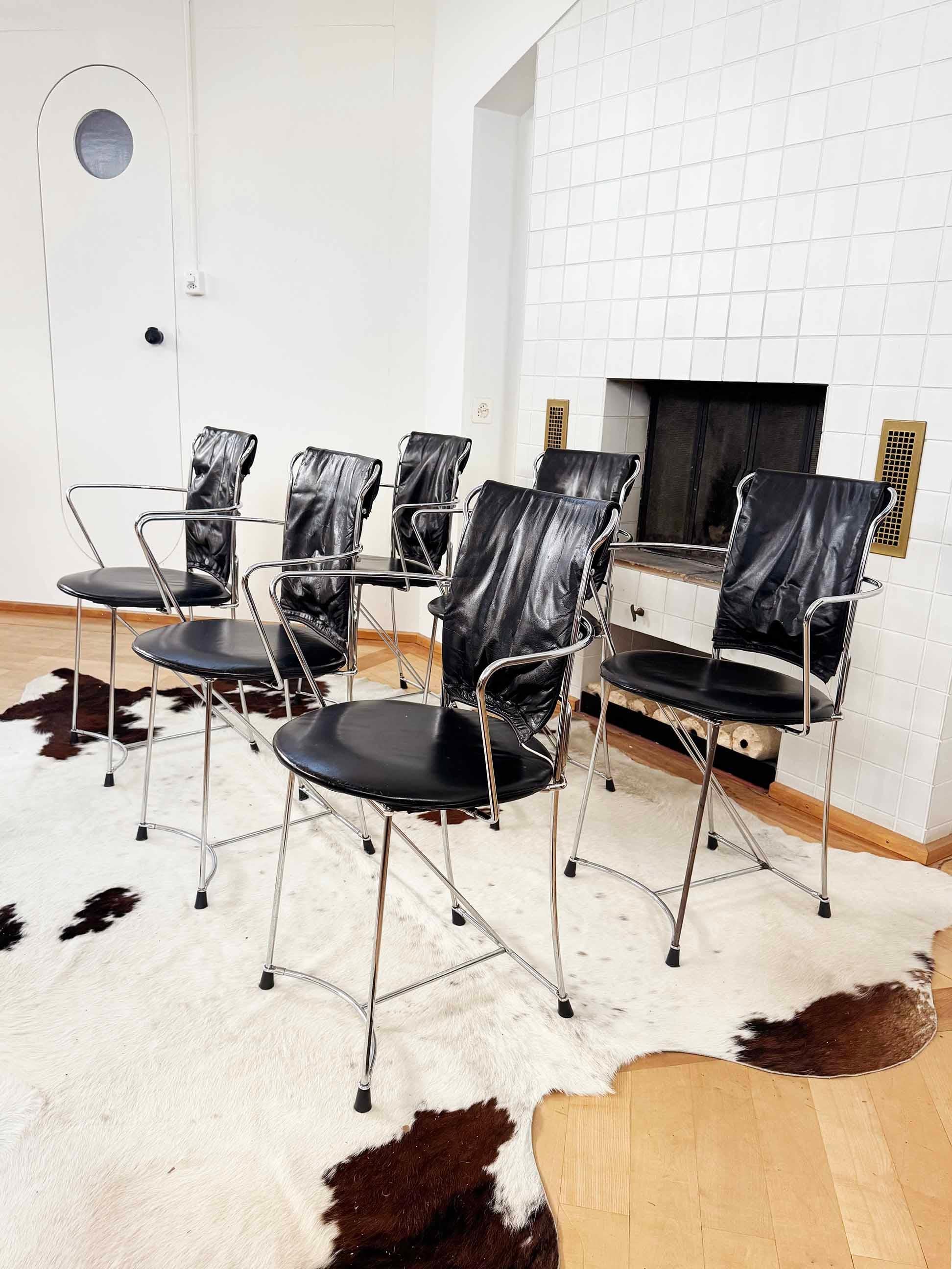 Late 20th Century Antonio Cittero Eridiana Leather + Metal Chairs, Xilitalia, Italy, 1980s, Set 6 For Sale
