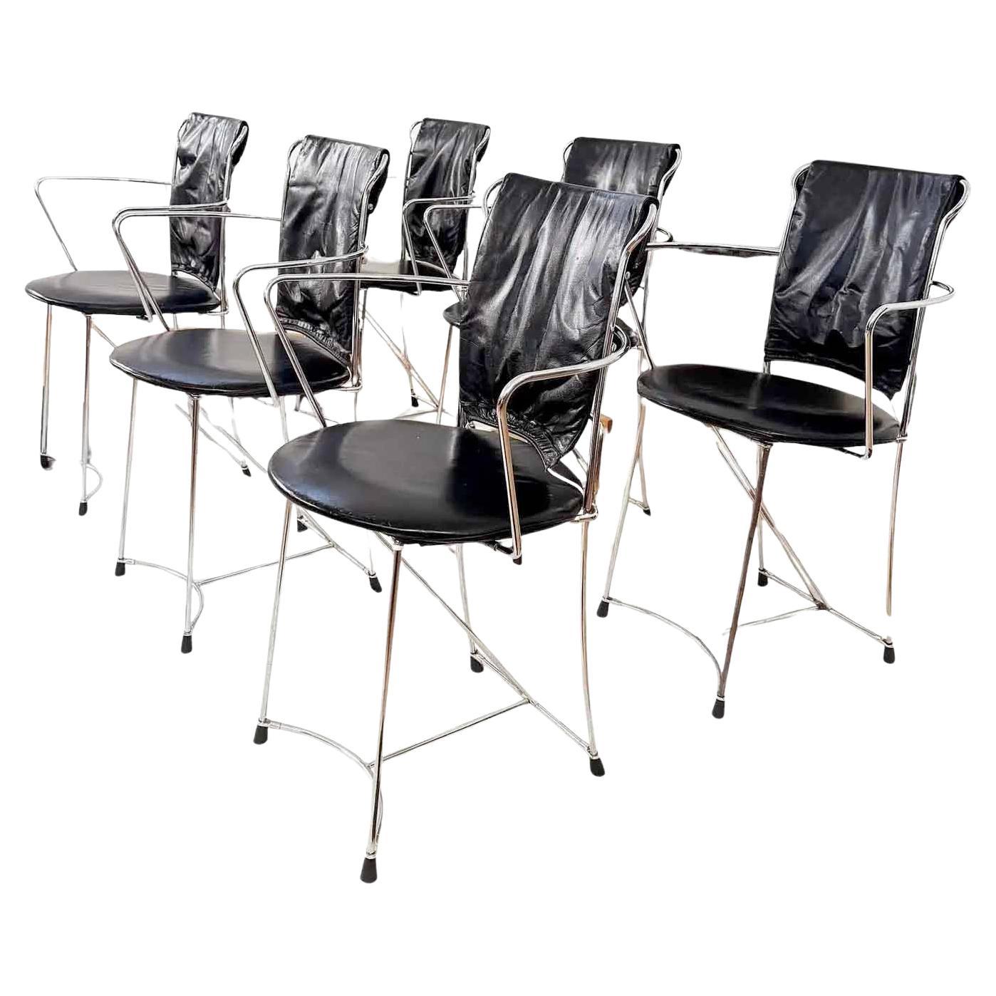 Antonio Cittero Eridiana Leather + Metal Chairs, Xilitalia, Italy, 1980s, Set 6 For Sale