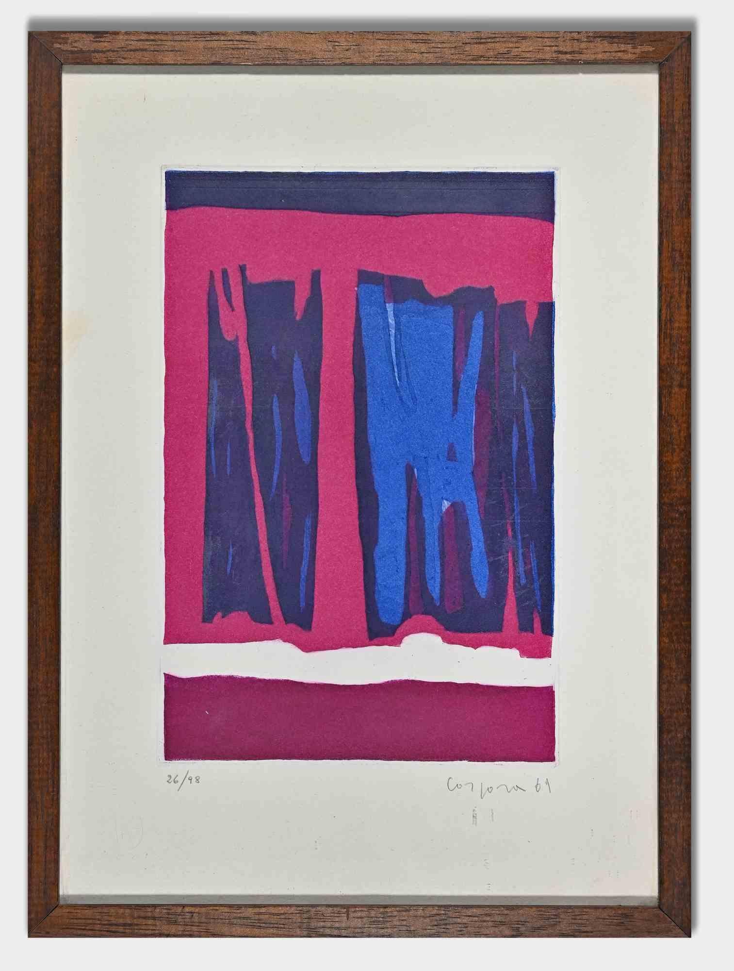Composition is an original etching realized by by Antonio Corpora in 1969.

Hand signed and dated on the lower right margin. 

The colored beautiful print is from an edition of 98. Numbered on the lower left.

Includes frame: 37 x 1 x 27 cm

