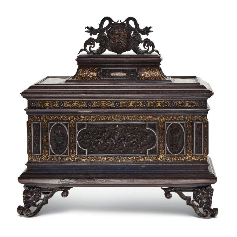 Our gold damascened Renaissance Revival jewelry chest by Antonio Cortelazzo (1819-1903) was commissioned by the English lawyer and antiquarian, Sir William Drake (1817-1890) and exhibited by the artist at the 1872 International Exhibition in London.