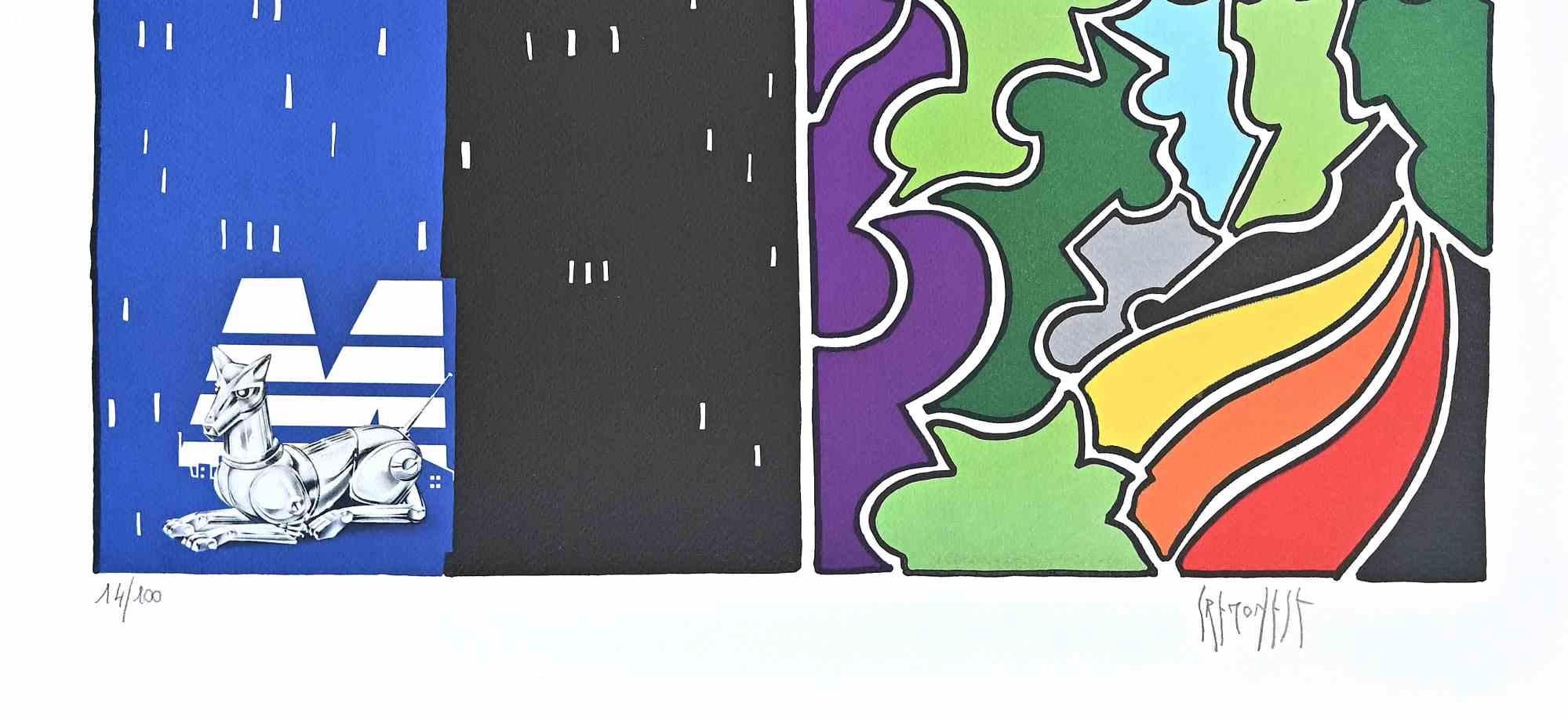 Paesaggio urbano astratto - Litografia di Antonio Cremonese - Anni '80 in vendita 1