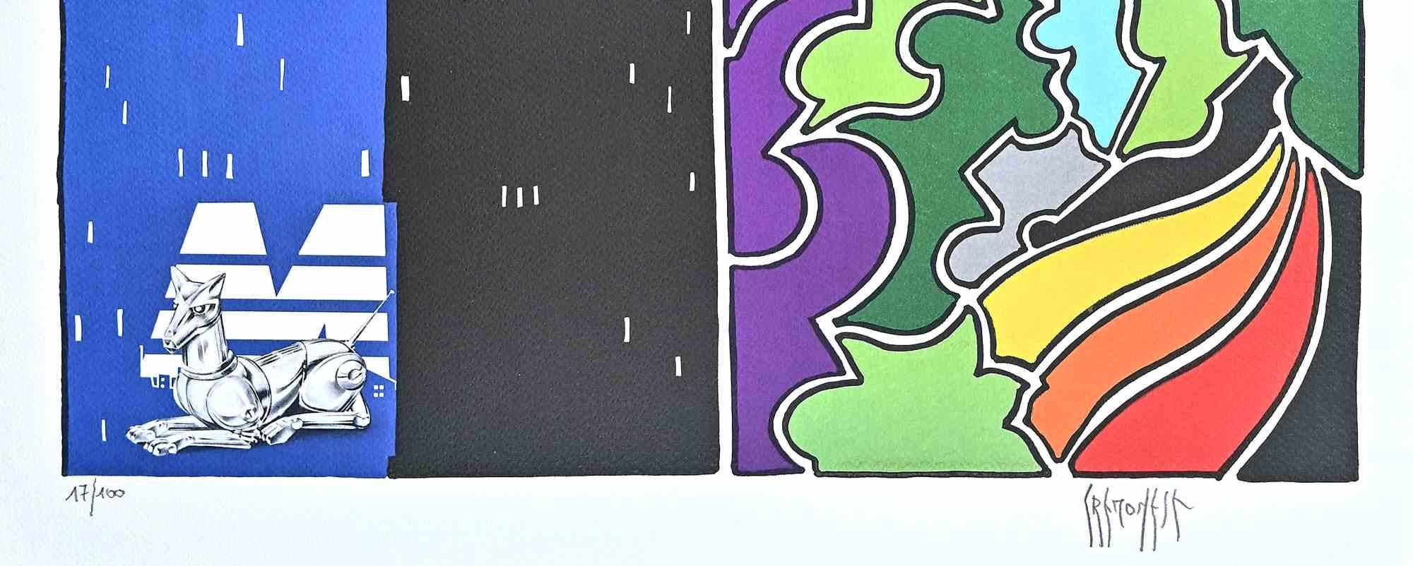 Paesaggio urbano astratto - Litografia di Antonio Cremonese - Anni '80 in vendita 1