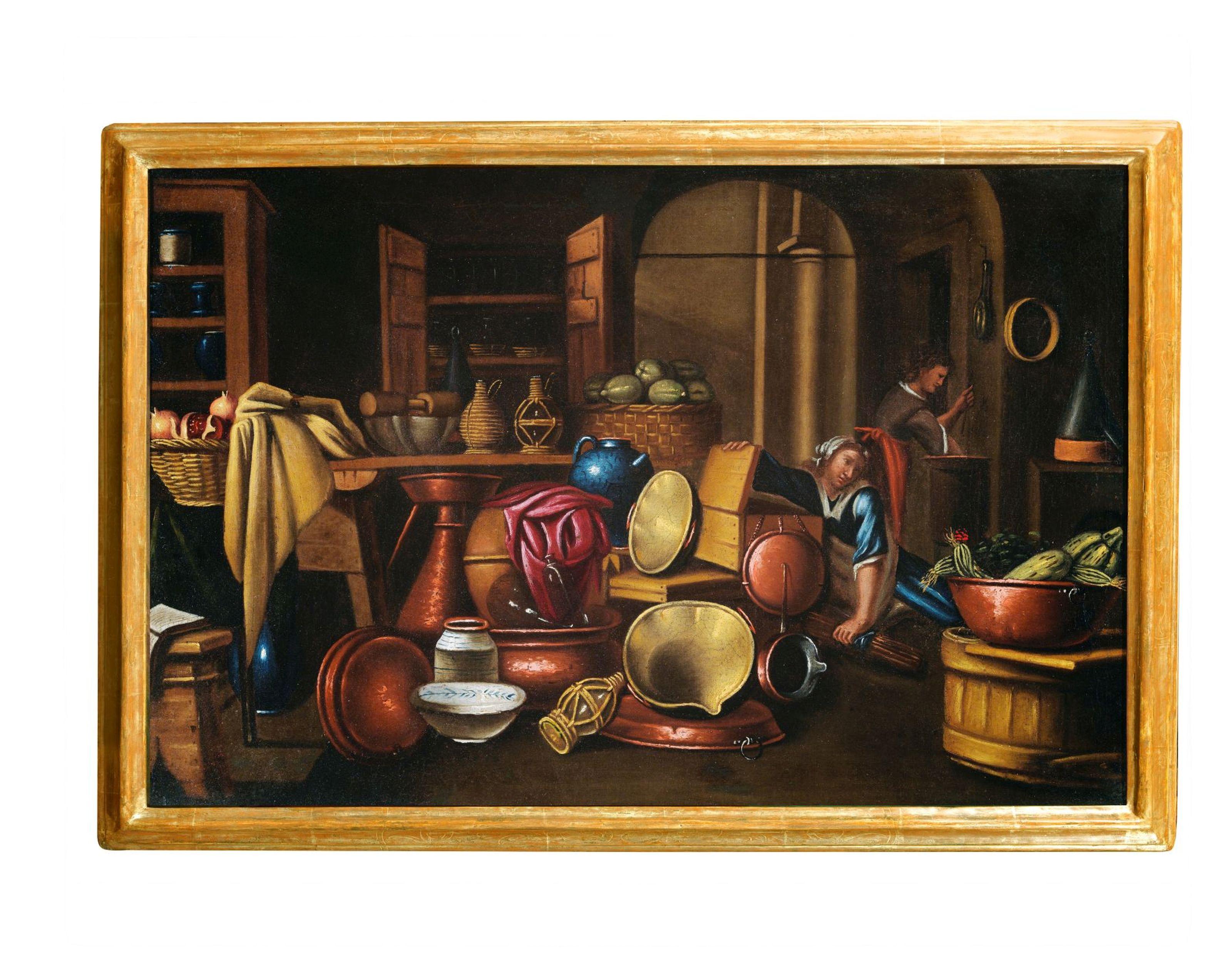18th Century Kitchen Interiors Antonio Crespi Objects Food Oil on Canvas Brown For Sale 1