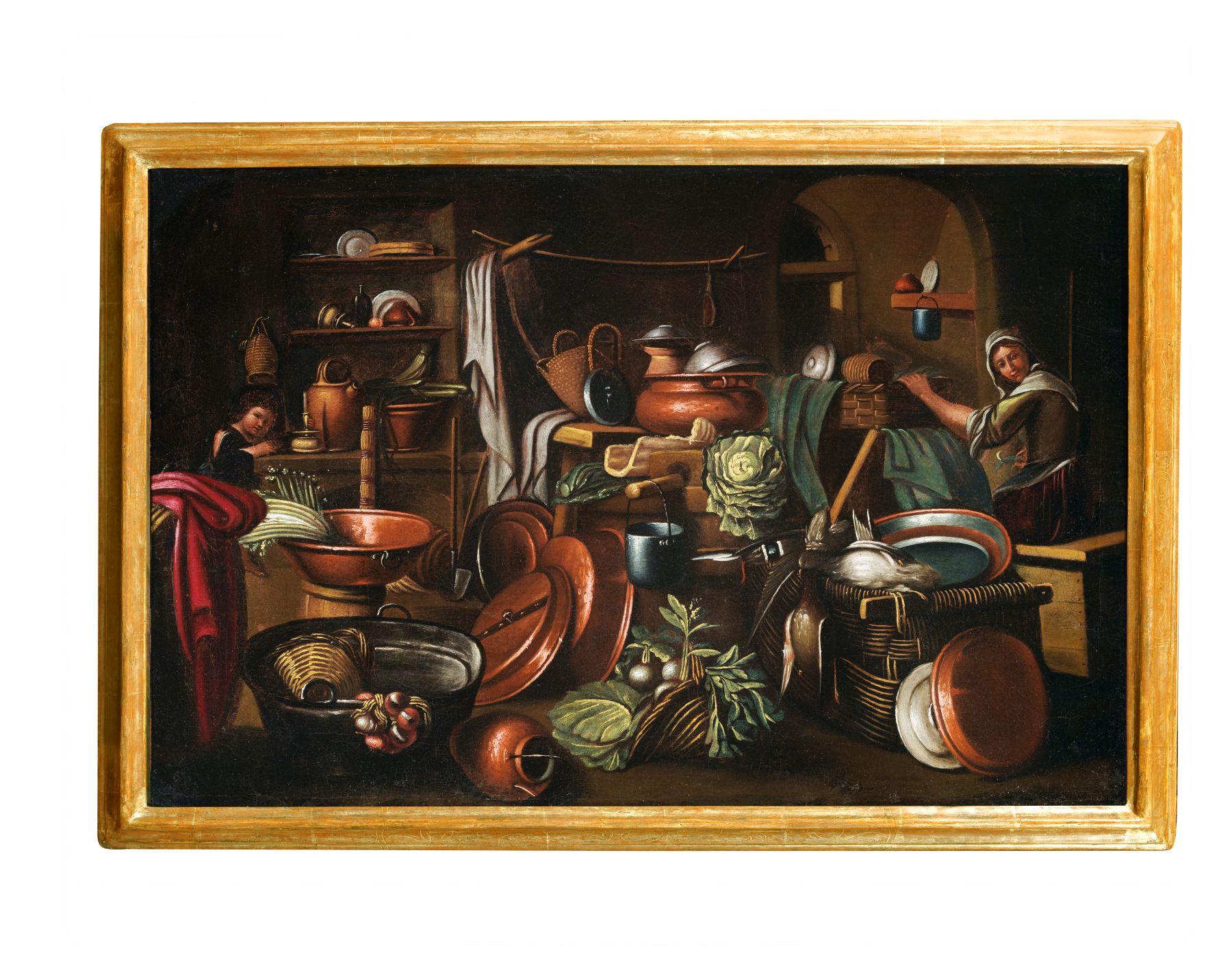 18th Century Kitchen Interiors Antonio Crespi Objects Food Oil on Canvas Brown For Sale 2