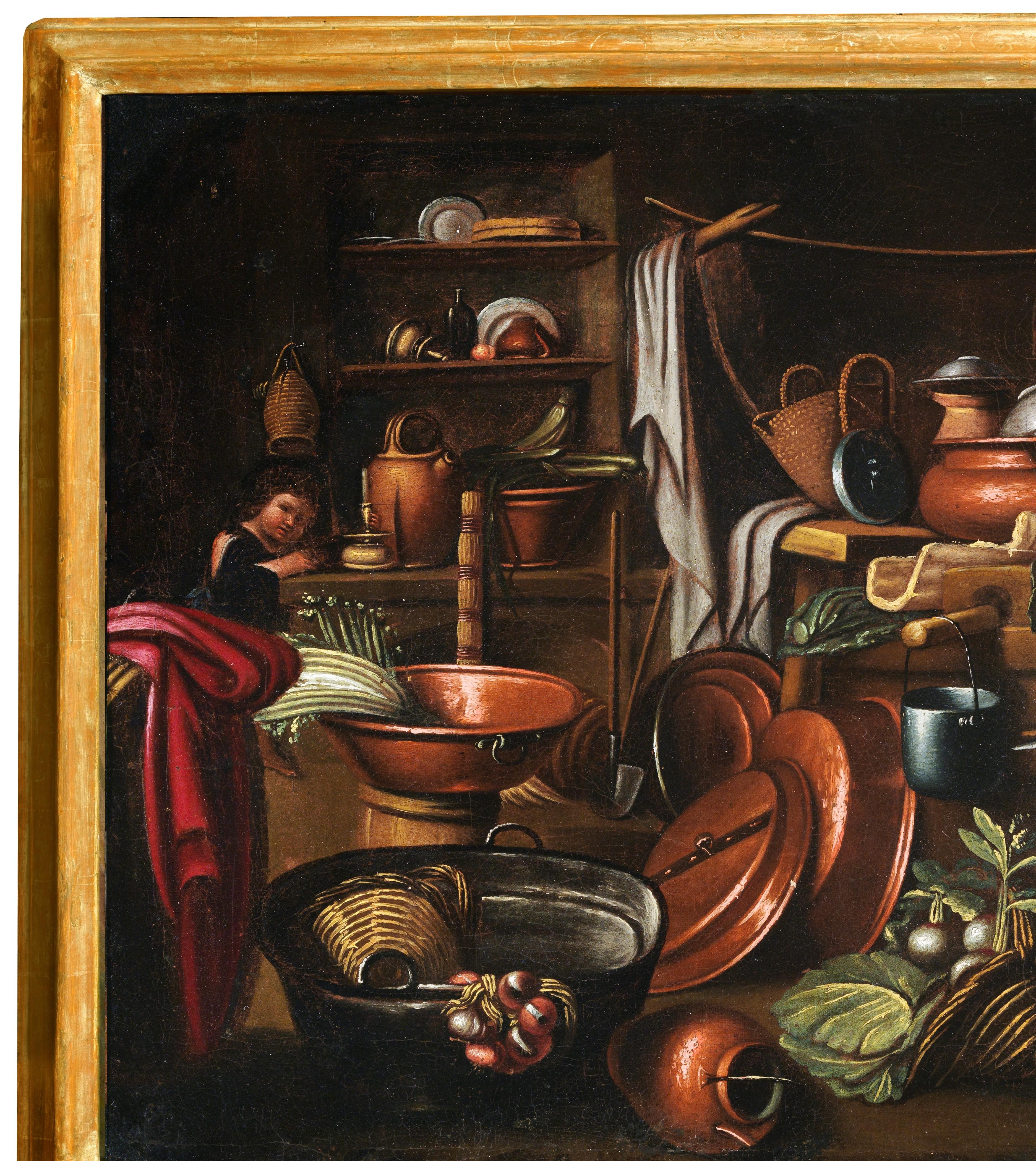 18th Century Kitchen Interiors Antonio Crespi Objects Food Oil on Canvas Brown For Sale 3