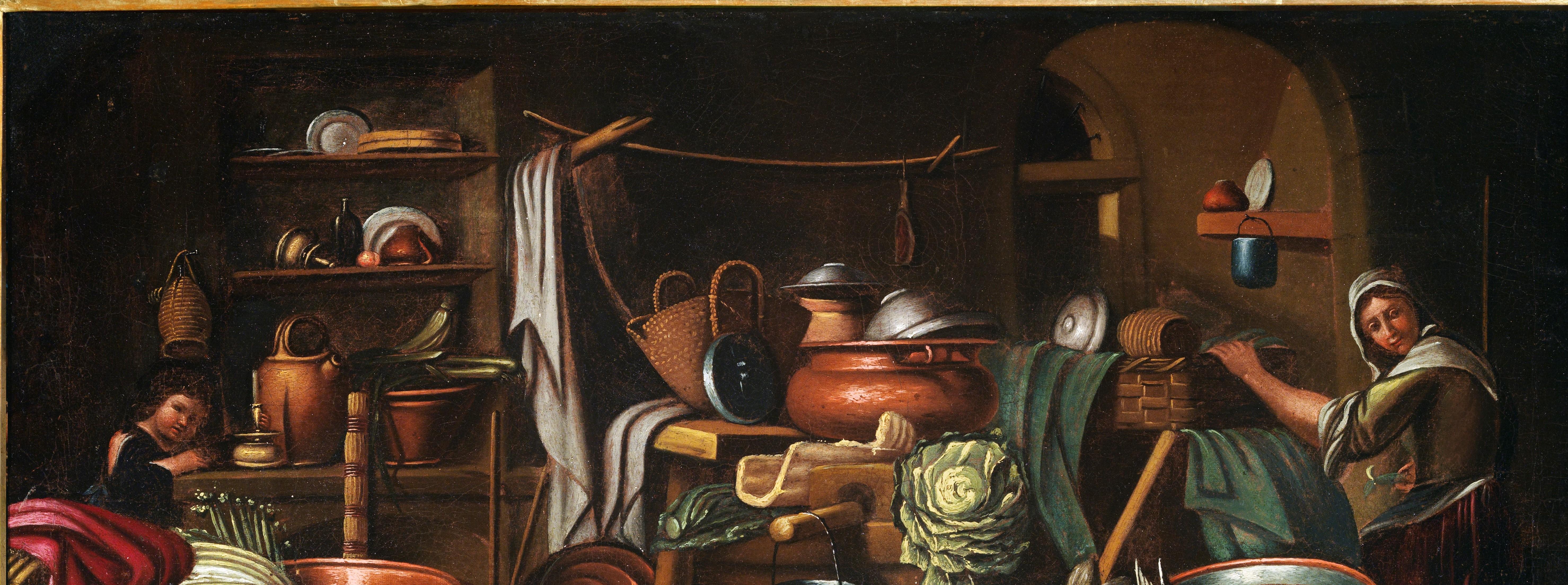 18th Century Kitchen Interiors Antonio Crespi Objects Food Oil on Canvas Brown For Sale 4