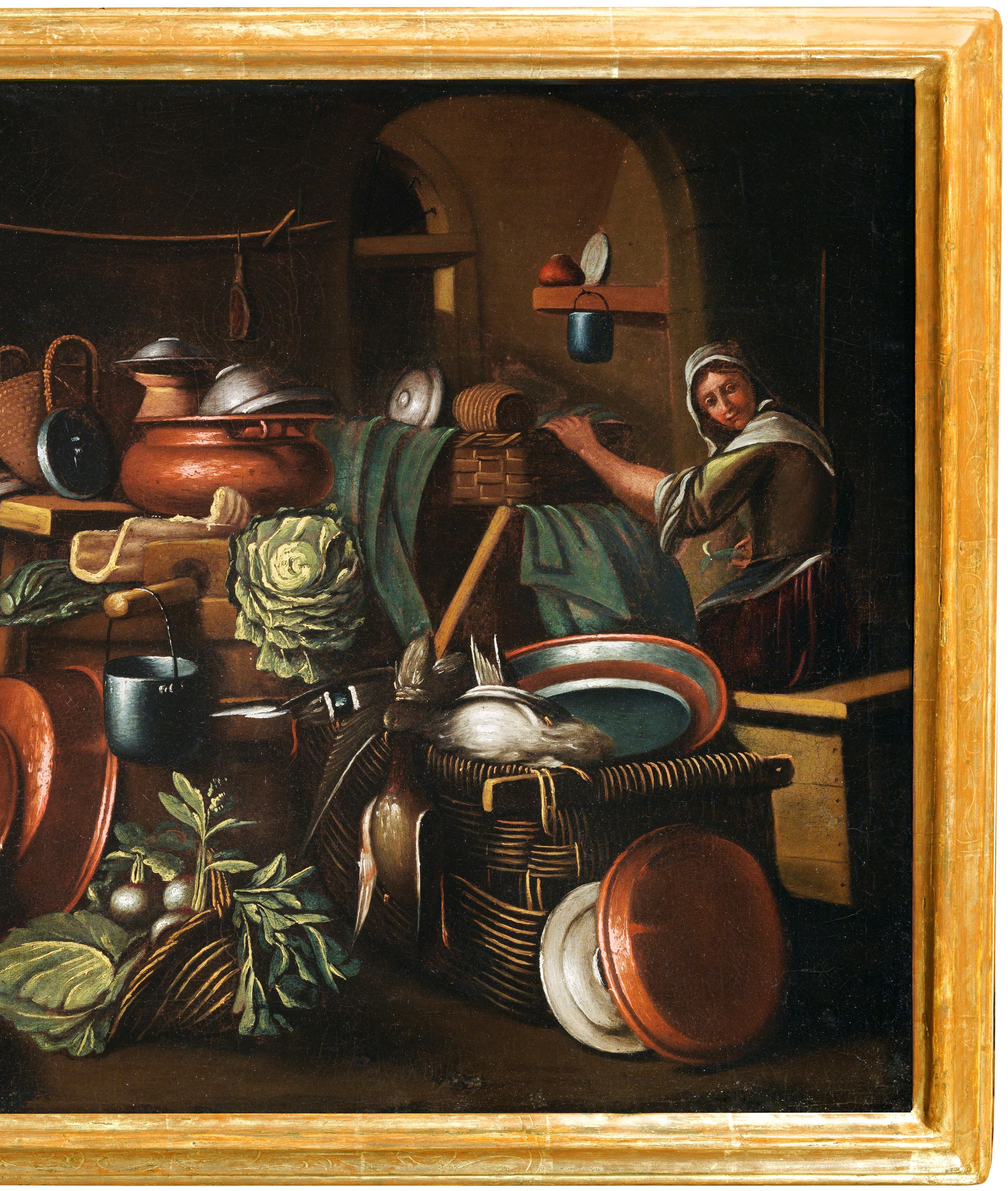 18th Century Kitchen Interiors Antonio Crespi Objects Food Oil on Canvas Brown For Sale 6