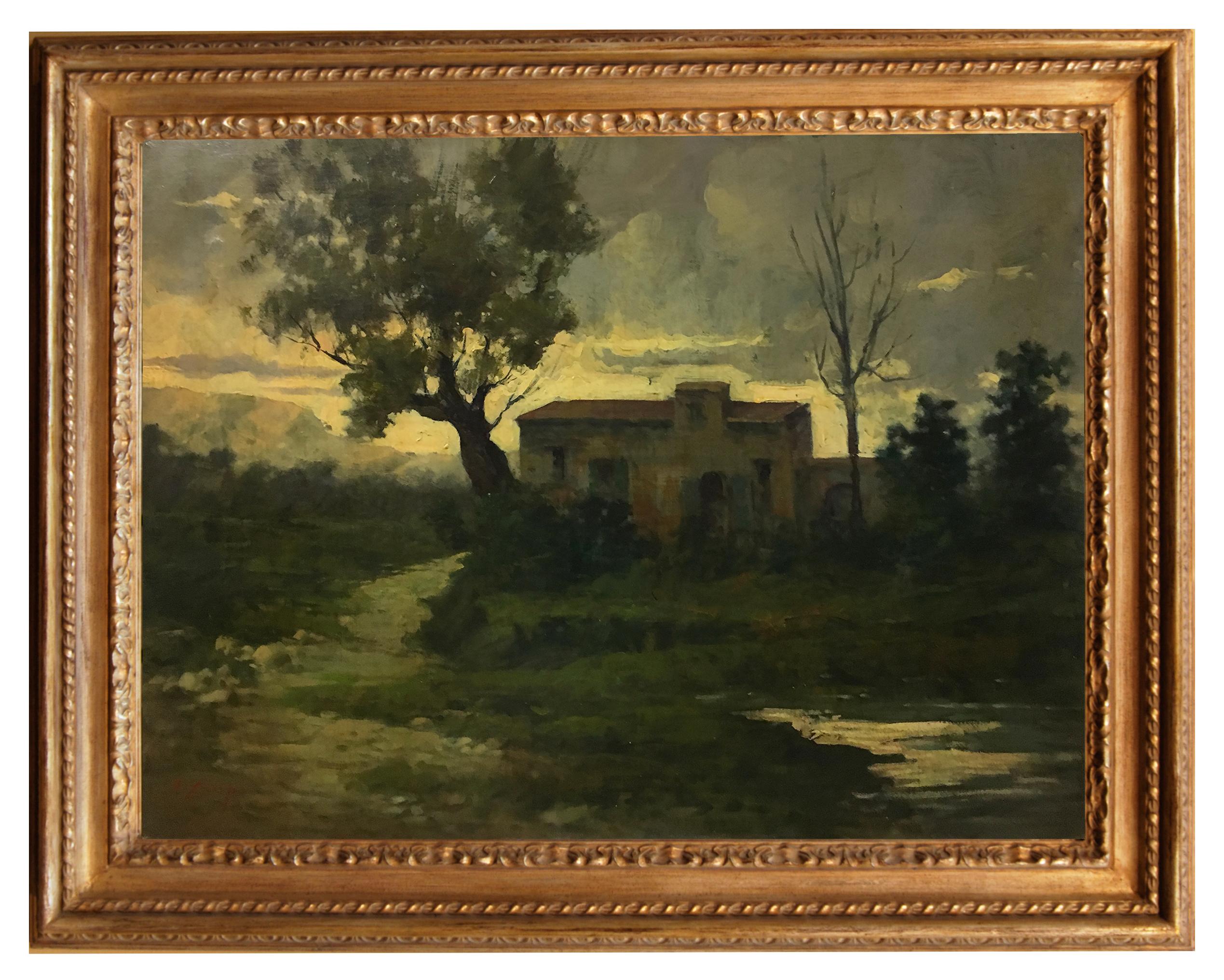 Antonio Crespi Landscape Painting - COUNTRY LANDSCAPE - Italian Oil on Canvas Painting.