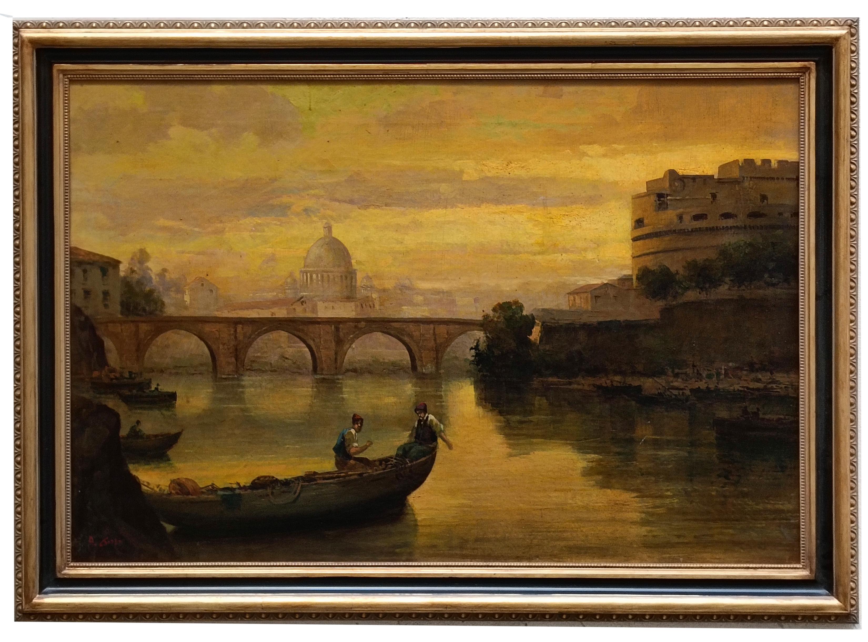 ROME CASTEL SANT
ANGEL – Italienische Schule, Öl auf Leinwand, Landschaftsgemälde