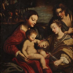 Antique 18th Century Oil on Canvas Italian Painting Mystical Marriage of Saint Catherine