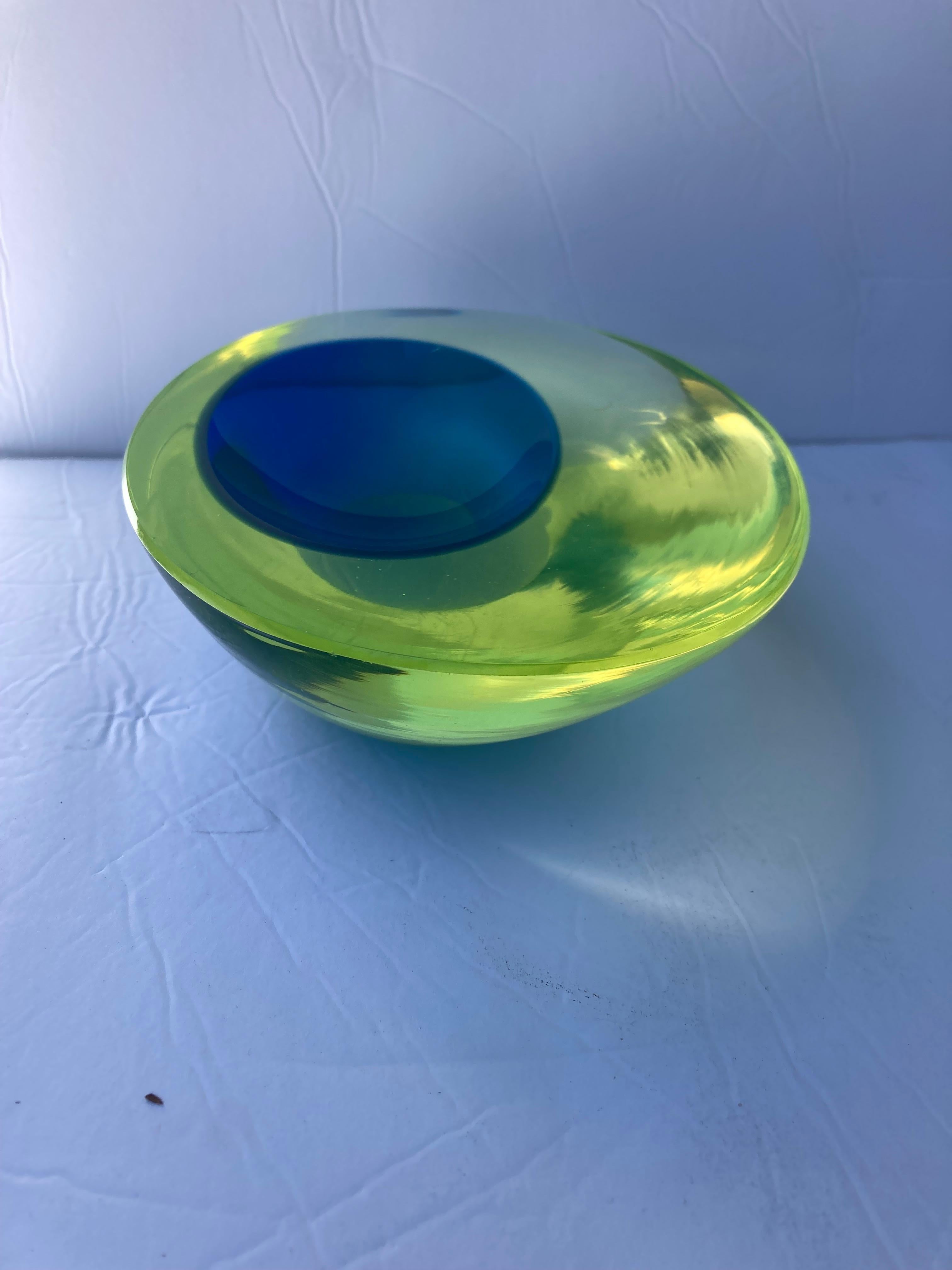 Italian Antonio da Ros Asymetric Murano Glass Sommerso Bowl/Dish, Uranium/Blue For Sale