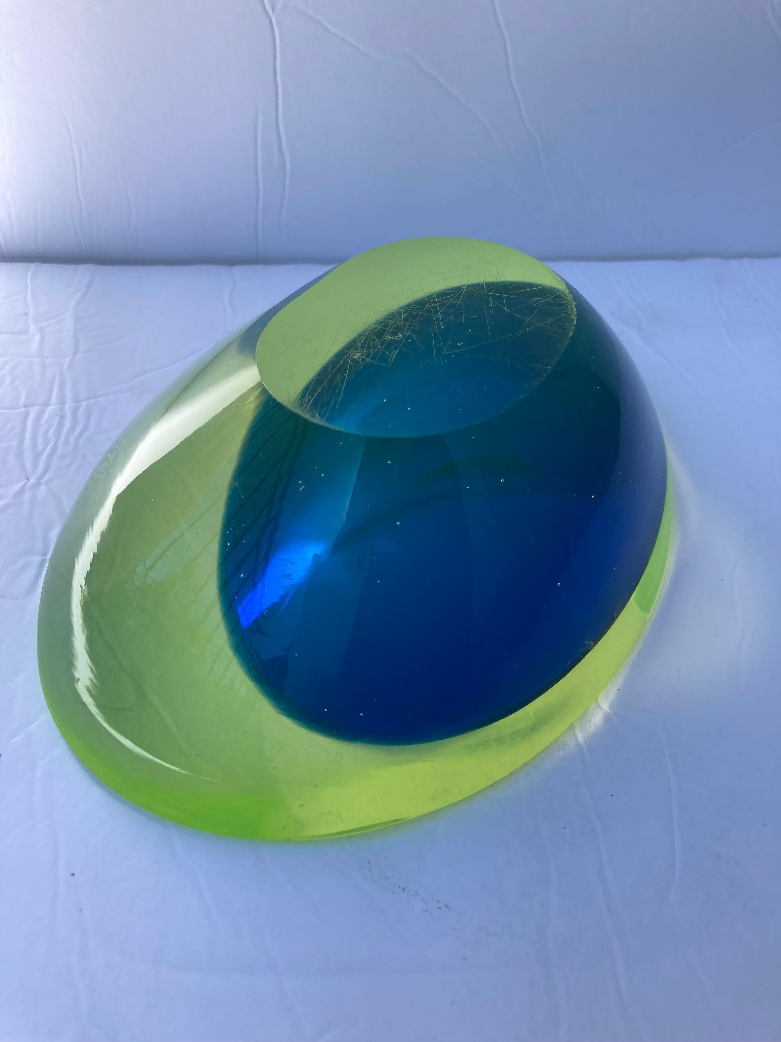 Italian Antonio da Ros Asymetric Murano Glass Sommerso Bowl/Dish, Uranium/Blue For Sale