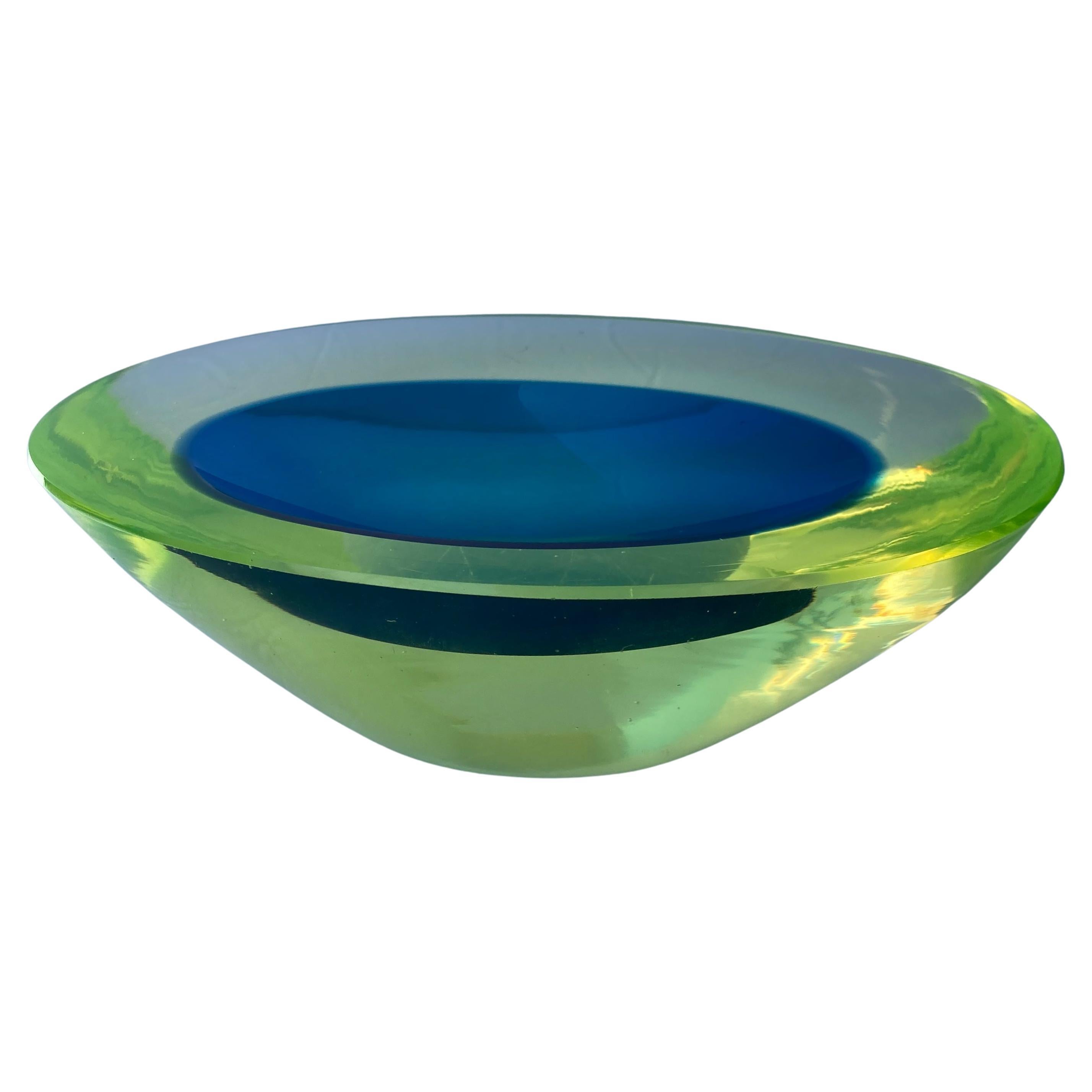 Antonio da Ros Asymetric Murano Glass Sommerso Bowl/Dish, Uranium/Blue For Sale