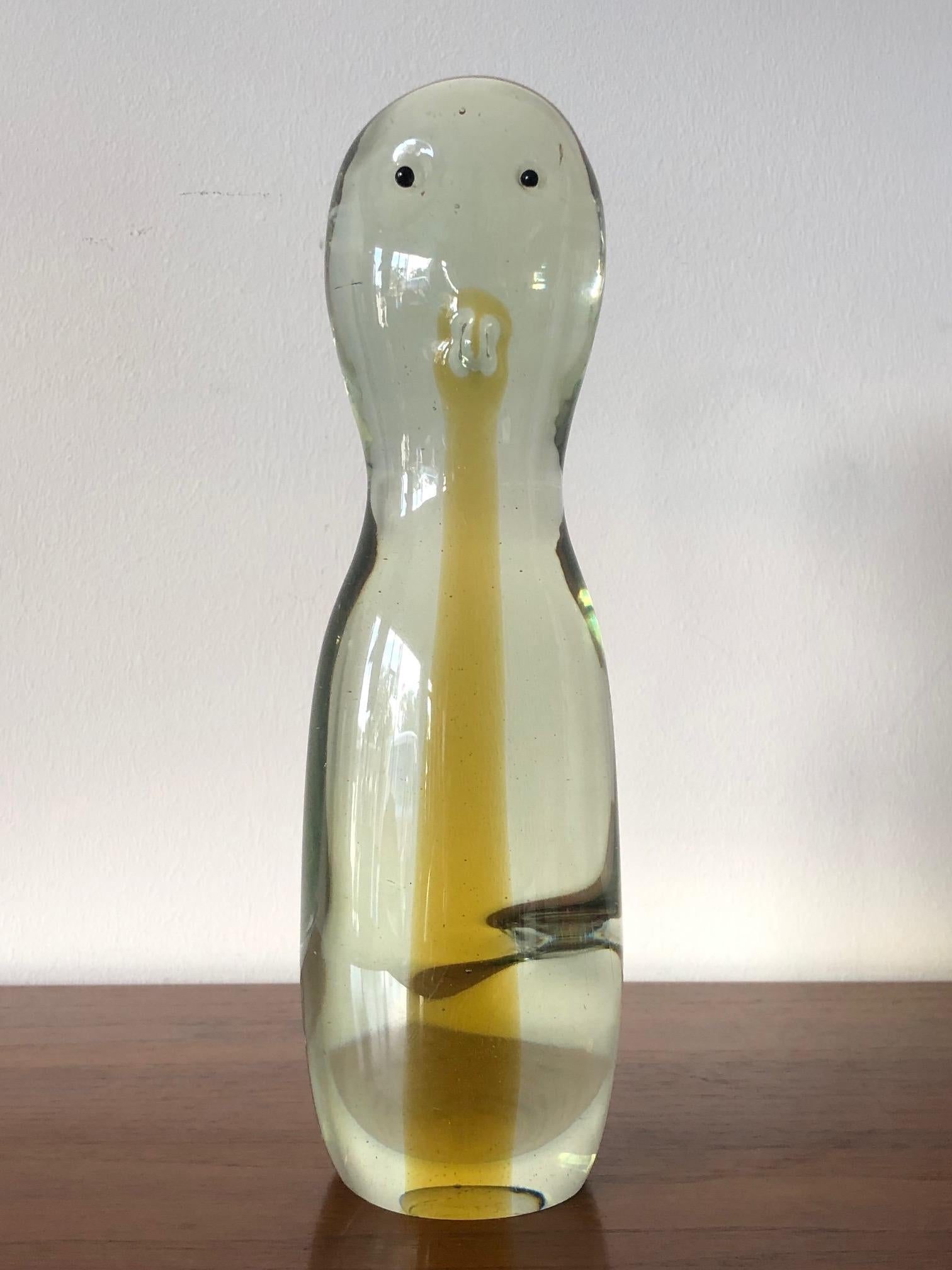 An unusual Cenedese Antonio da Ros glass sculpture. Abstract penguin, very curious with yellow stripe in the centre.