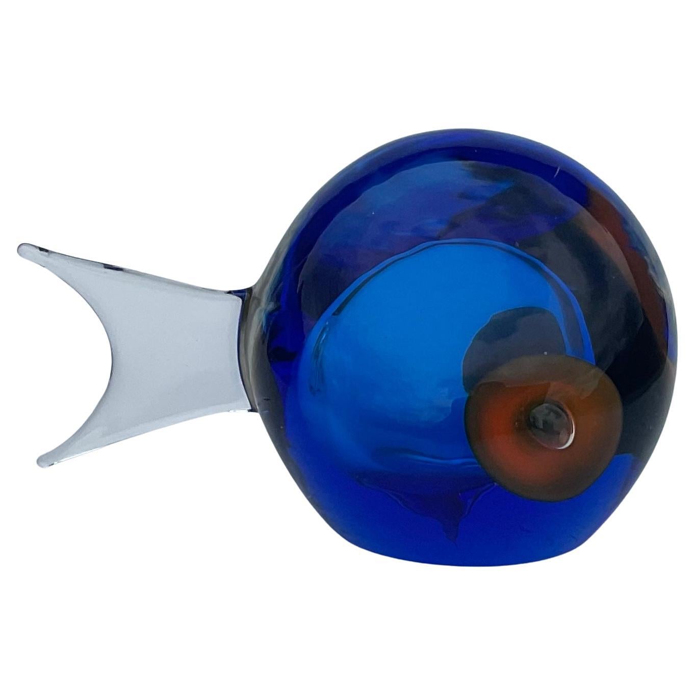 Antonio da Ros Cenedese Murano Glass Sommerso Fish Sculpture in Vibrant Blue  For Sale