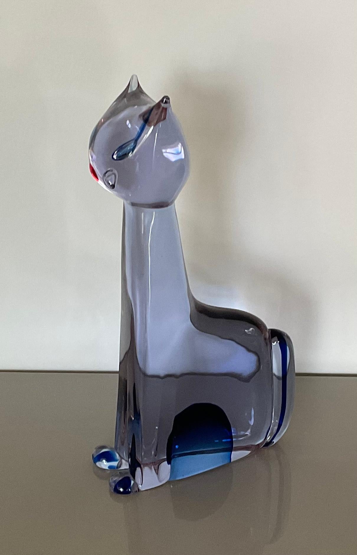 Mid-Century Modern Antonio da Ros Cenedese Murano Hand Blown Glass Cat Sculpture in Sommerso Glass
