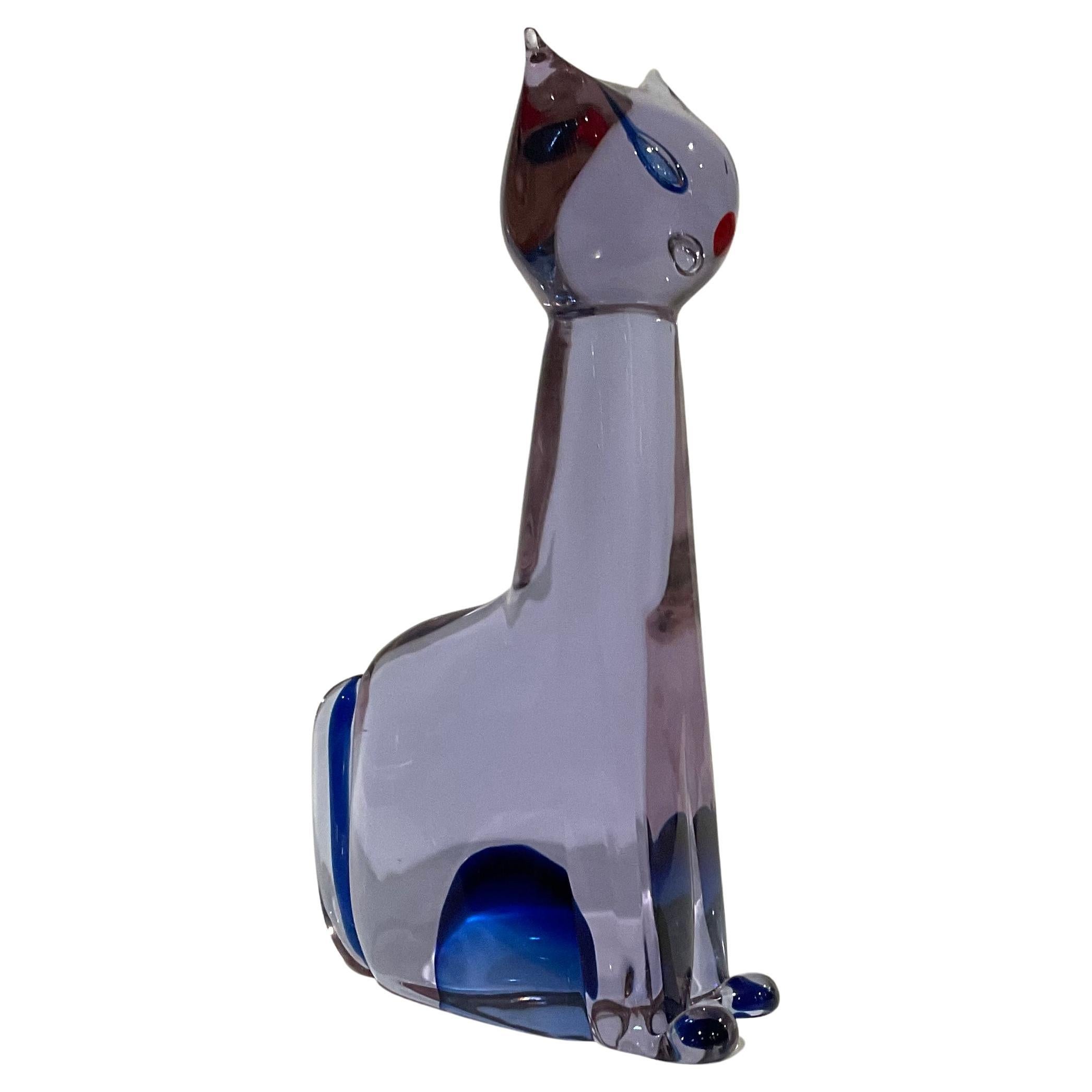 Antonio da Ros Cenedese Murano Hand Blown Glass Cat Sculpture in Sommerso Glass 