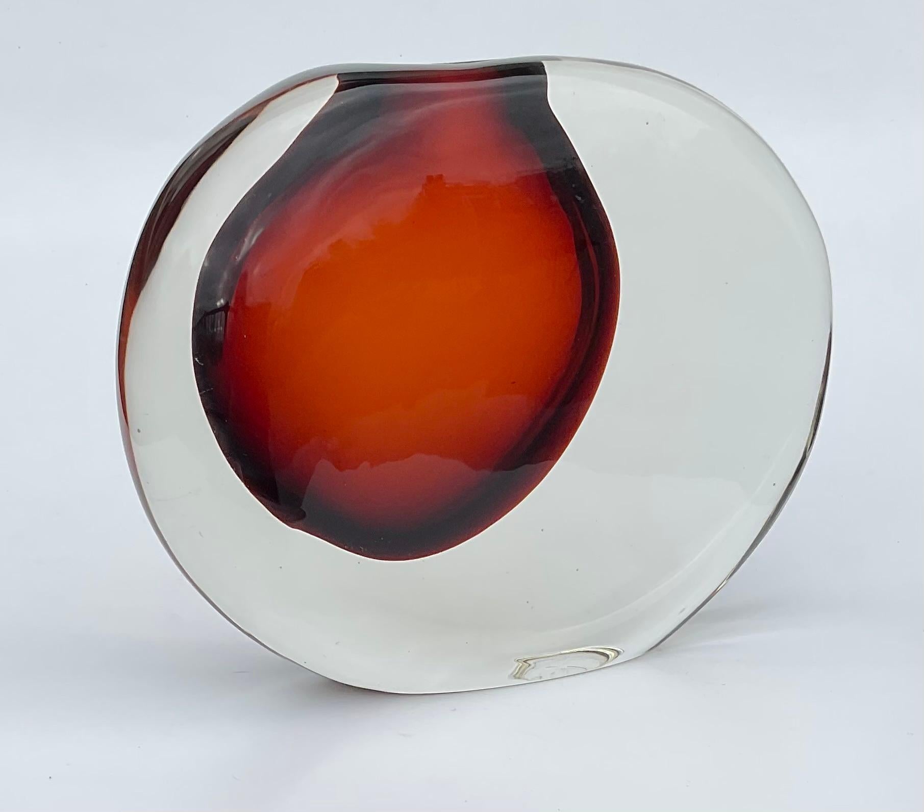 Antonio Da Ros Cenedese Murano Sasso Stone Vase Circa 1970 in vibrant red. Hard to find color that will highlight any glass collection. 