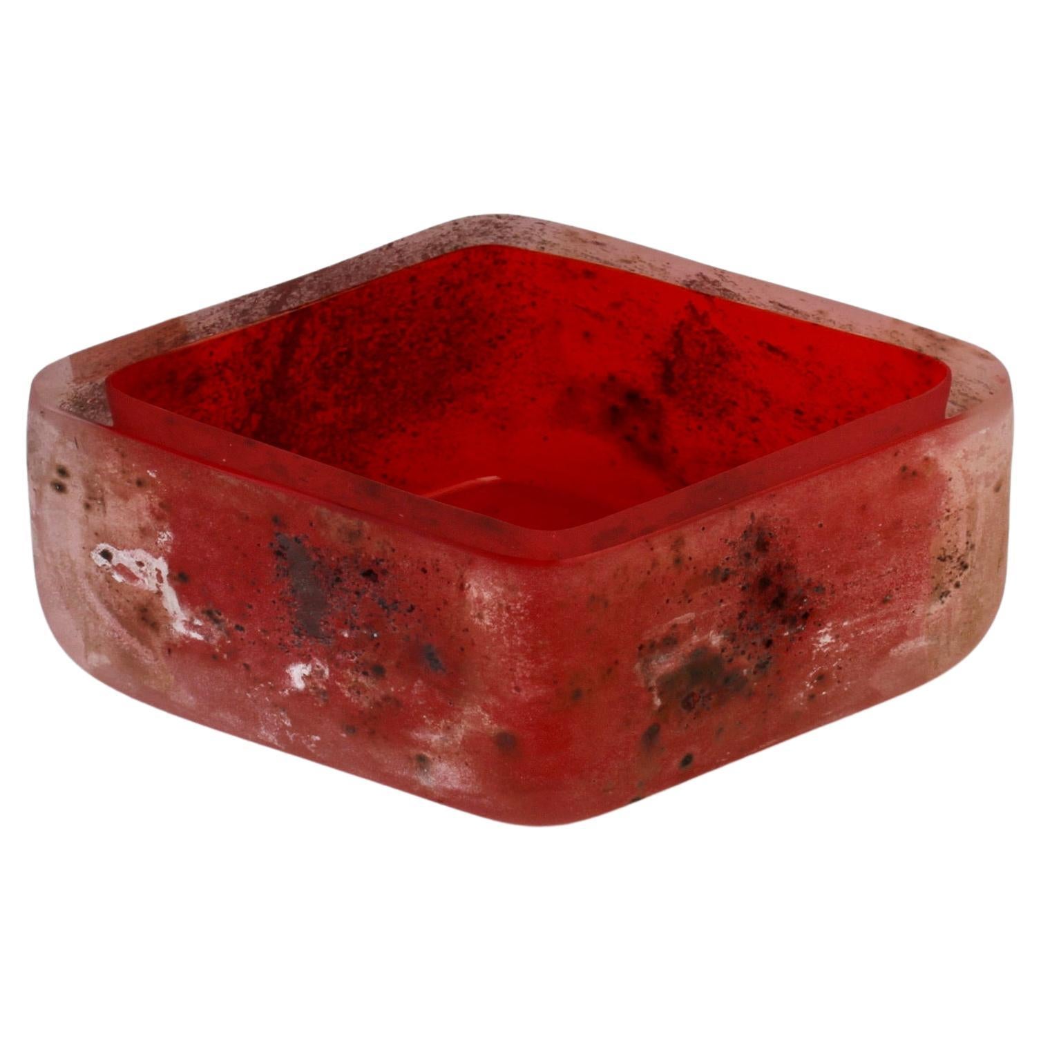 Large and rare signed red and clear 'Scavo' rhombus shaped glass bowl, centrepiece or vide-poche designed by Antonio Da Ros (1936-2012) for Cenedese Vetri Murano glass circa 1980s. Made of red and clear Murano art glass using both the sommerso &
