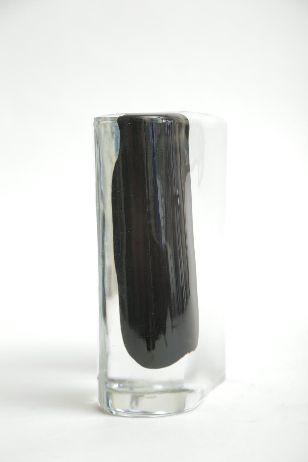 Cenedese Murano Black and Clear Glass Vase Vintage 1