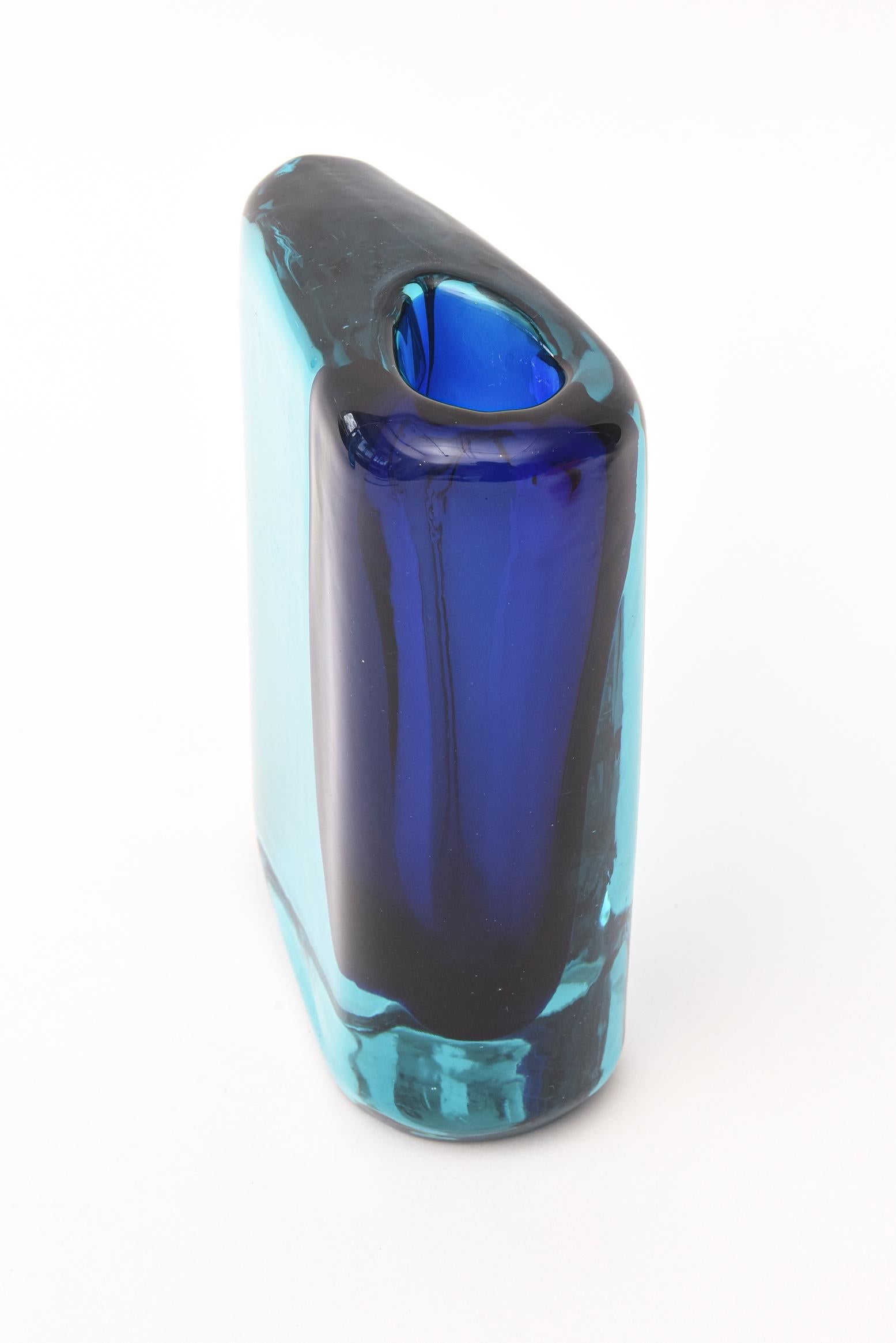 Late 20th Century Cenedese Cobalt and Turquoise Blue Murano Sommerso Glass Vase
