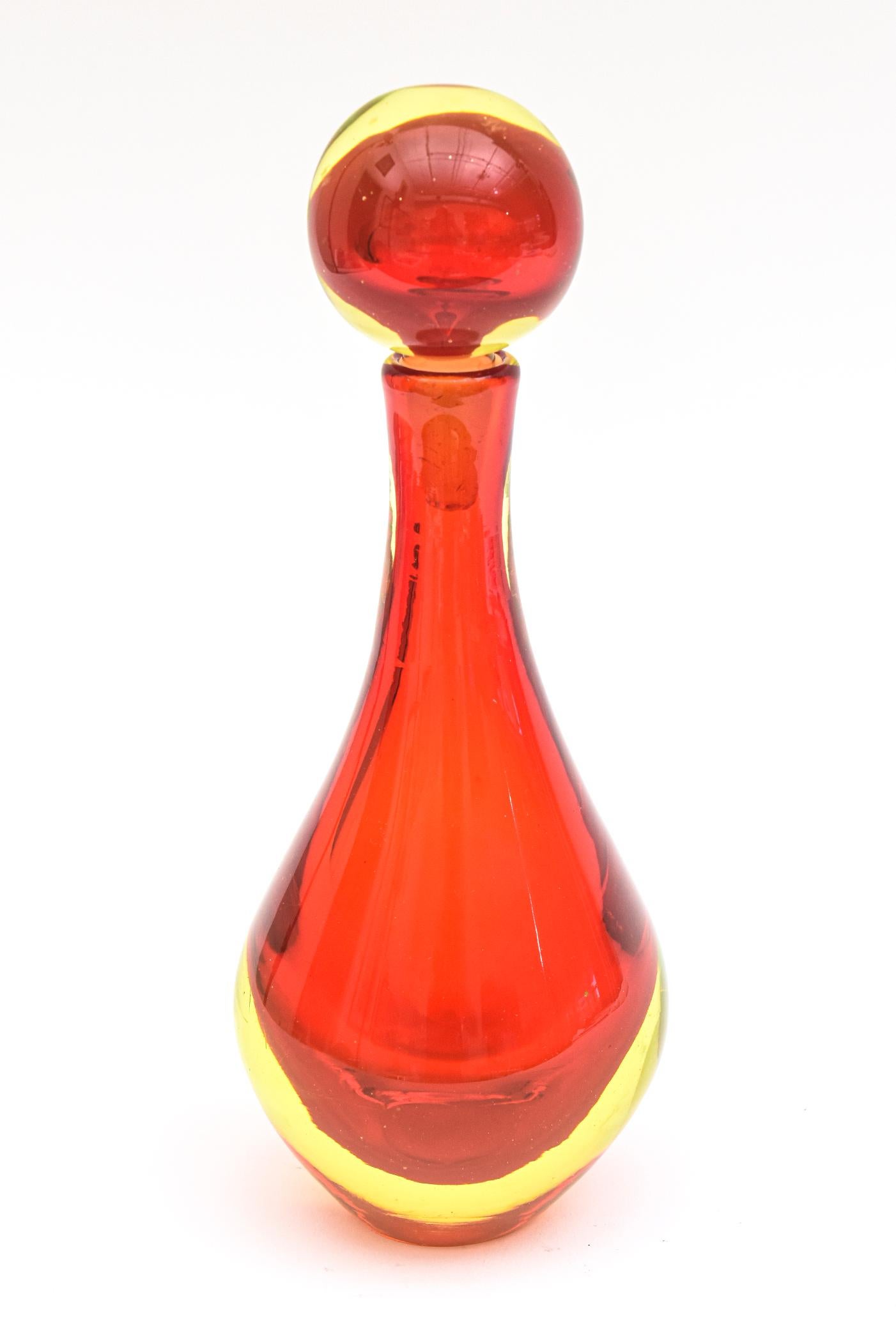 Antonio da Ros for Cenedese Murano Sommerso Red Yellow Glass Decanter Bottle For Sale 5