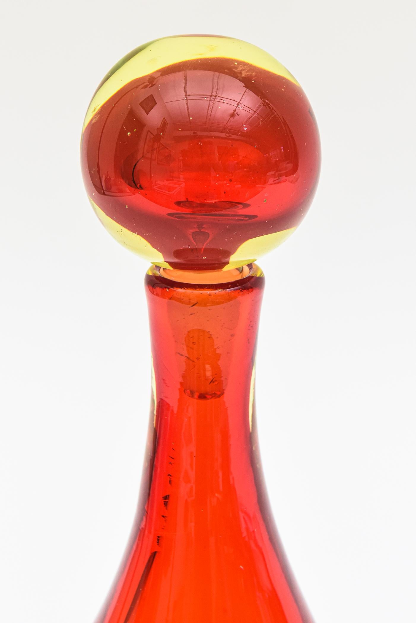 Mid-Century Modern Antonio da Ros for Cenedese Murano Sommerso Red Yellow Glass Decanter Bottle For Sale