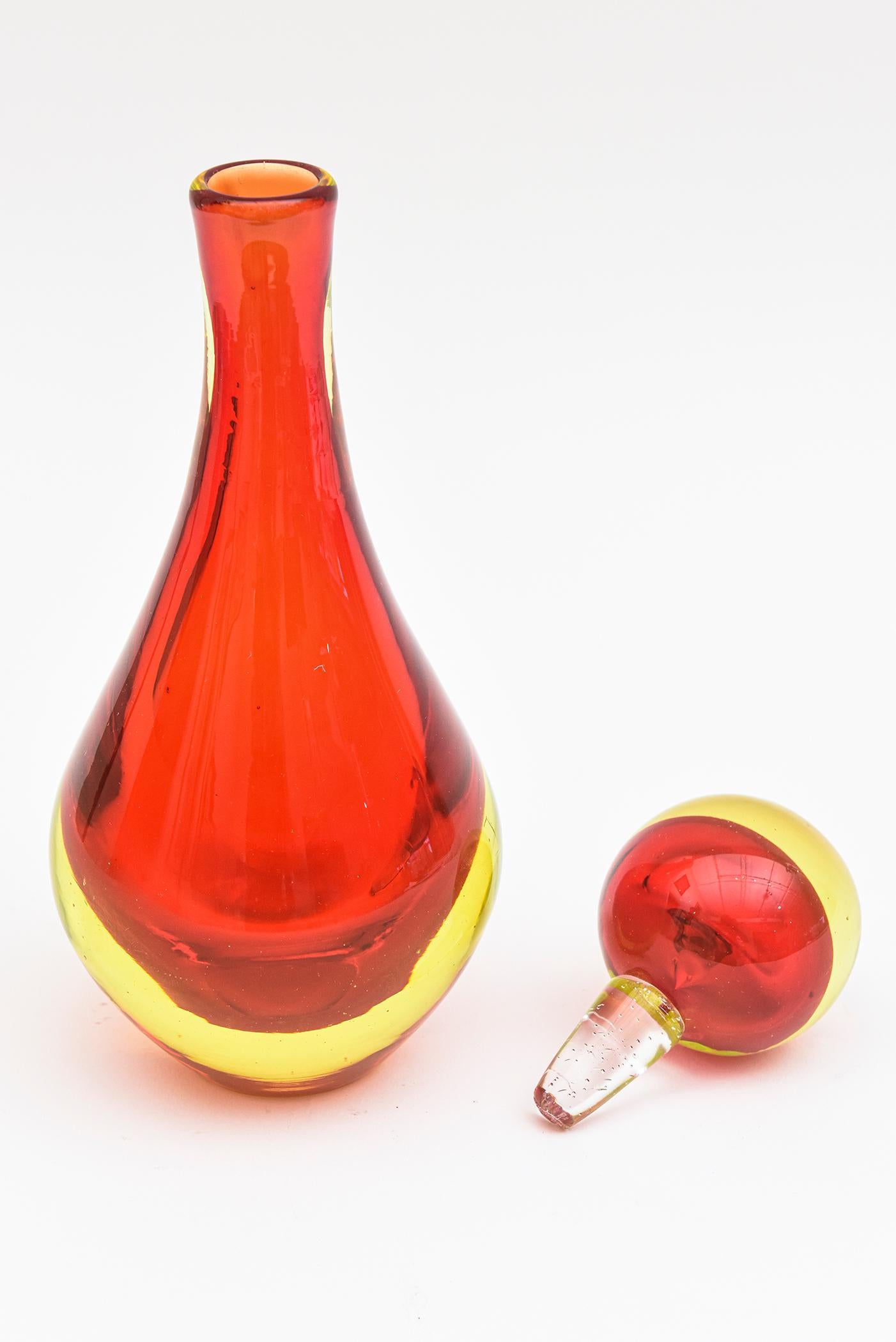Italian Antonio da Ros for Cenedese Murano Sommerso Red Yellow Glass Decanter Bottle For Sale