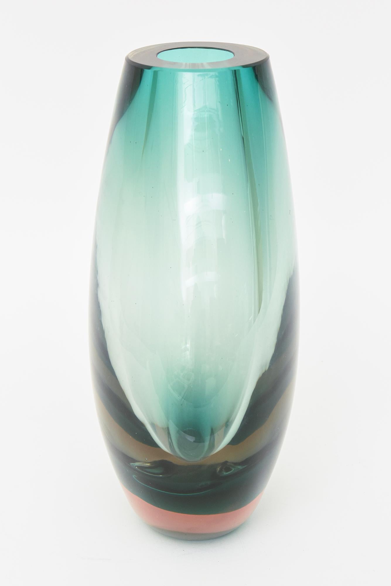 Antonio da Ros for Cenedese Murano Vintage Sommerso Glass Vase Sea Green, Peach For Sale 4