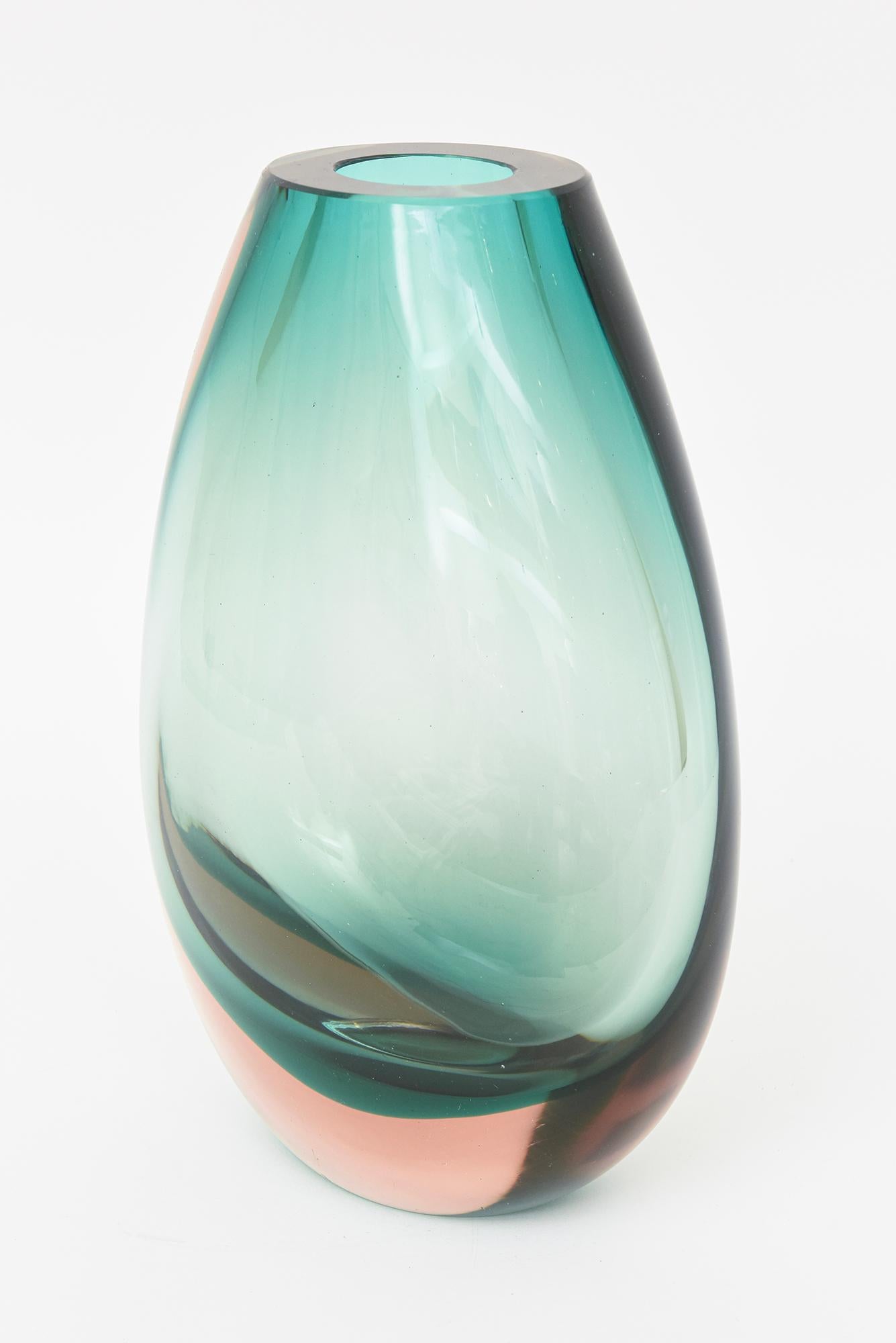 Blown Glass Antonio da Ros for Cenedese Murano Vintage Sommerso Glass Vase Sea Green, Peach For Sale