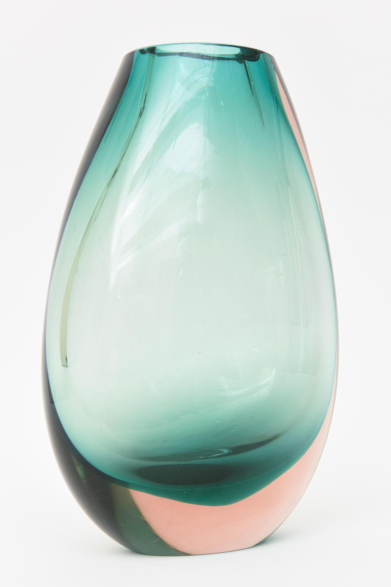 Antonio da Ros for Cenedese Murano Vintage Sommerso Glass Vase Sea Green, Peach For Sale 1