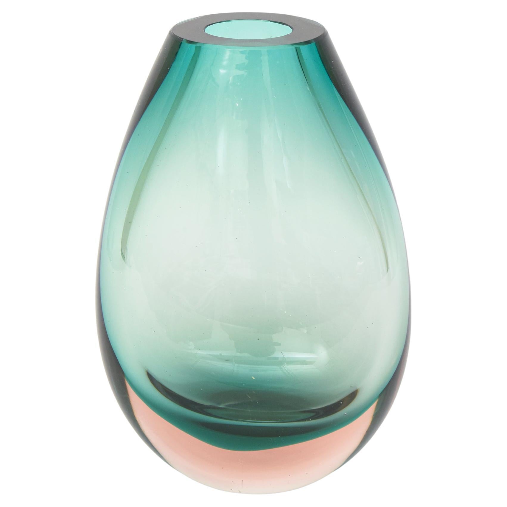 Antonio da Ros for Cenedese Murano Vintage Sommerso Glass Vase Sea Green, Peach For Sale