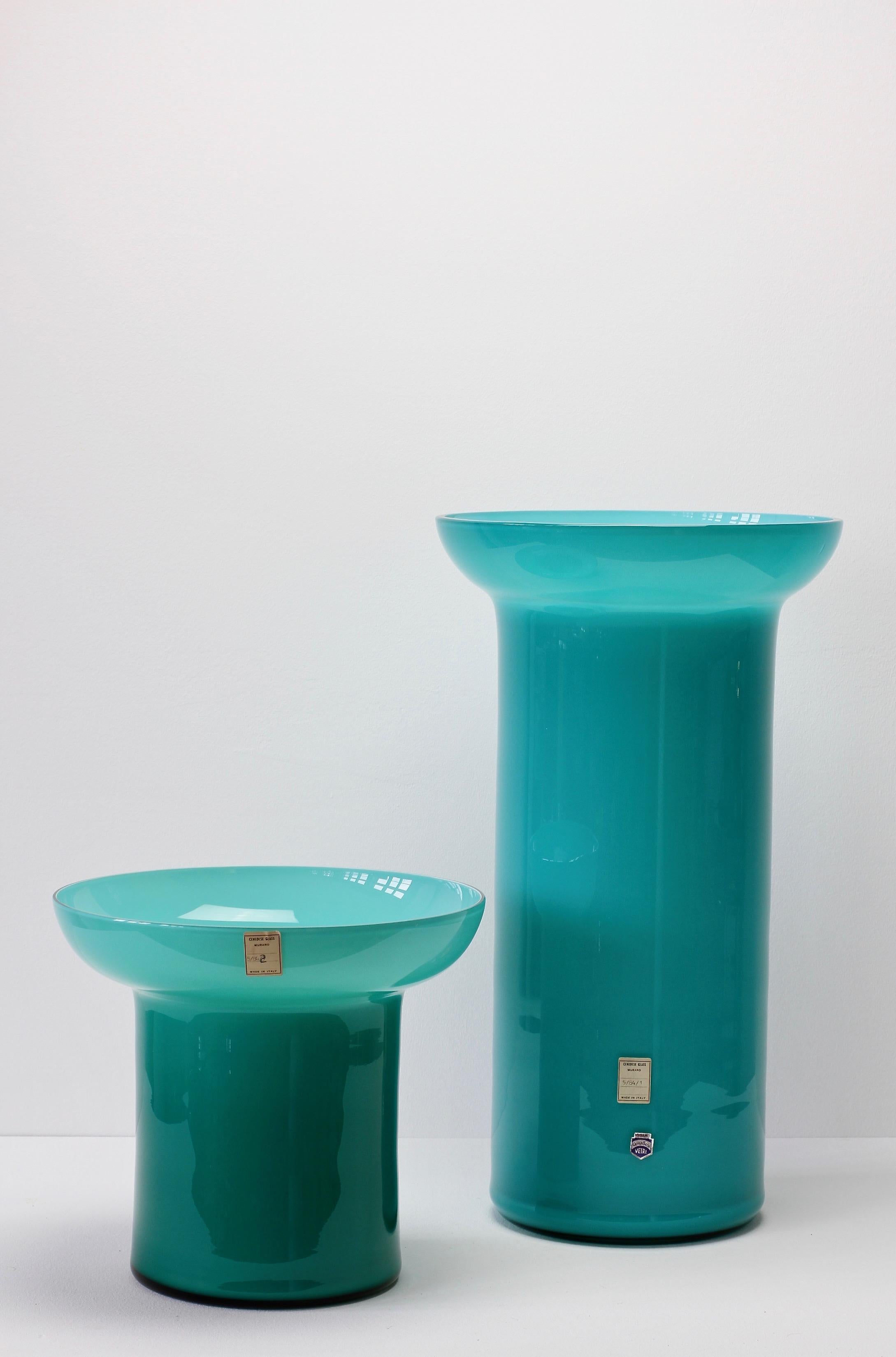 Mid-Century Modern Cenedese Vintage Pair of Tall Colorful Turquoise Italian Murano Glass Vases 1984