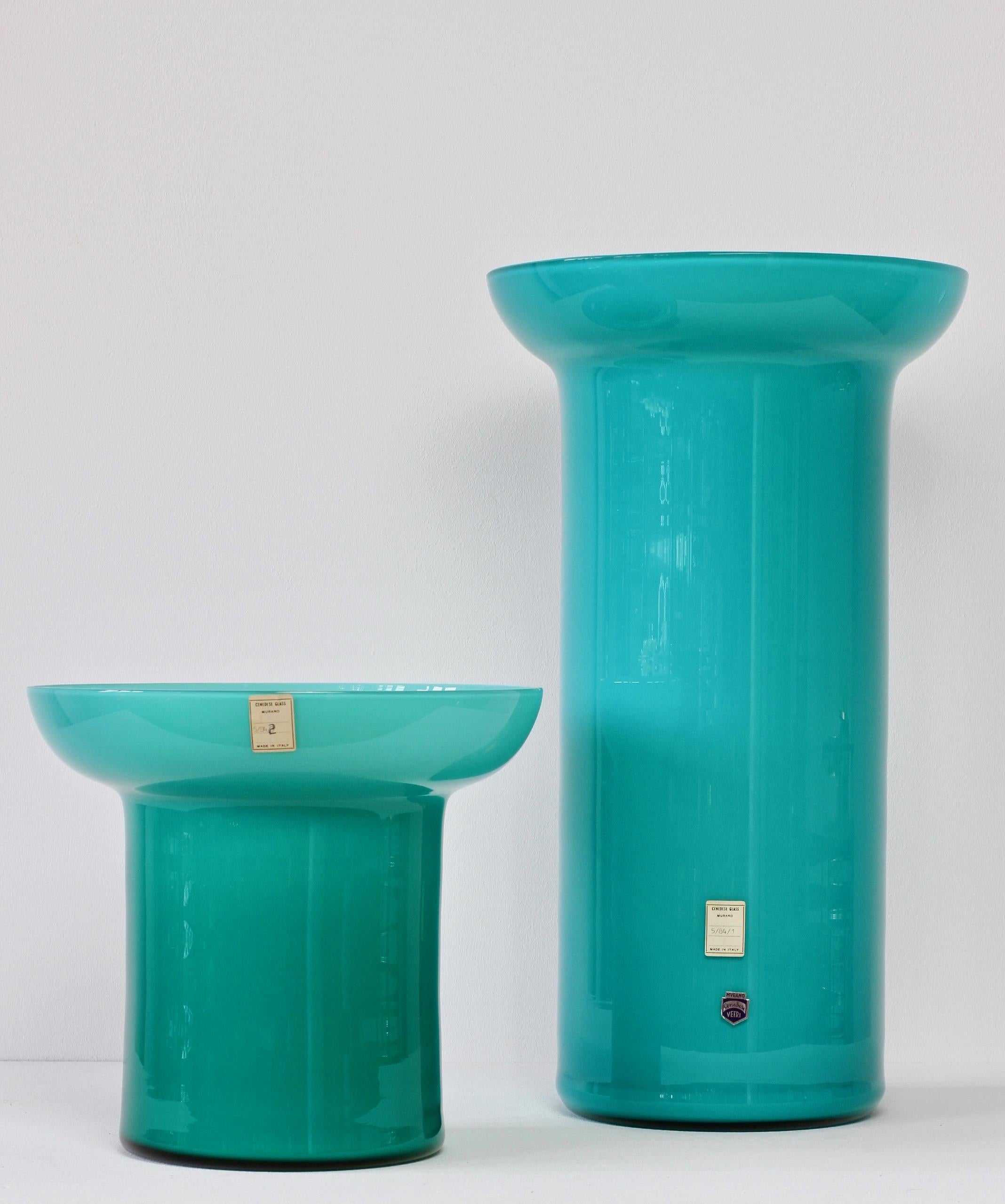 Cenedese Vintage Pair of Tall Colorful Turquoise Italian Murano Glass Vases 1984 1