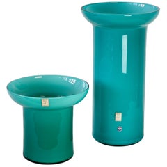 Cenedese Vintage Pair of Tall Colorful Turquoise Italian Murano Glass Vases 1984