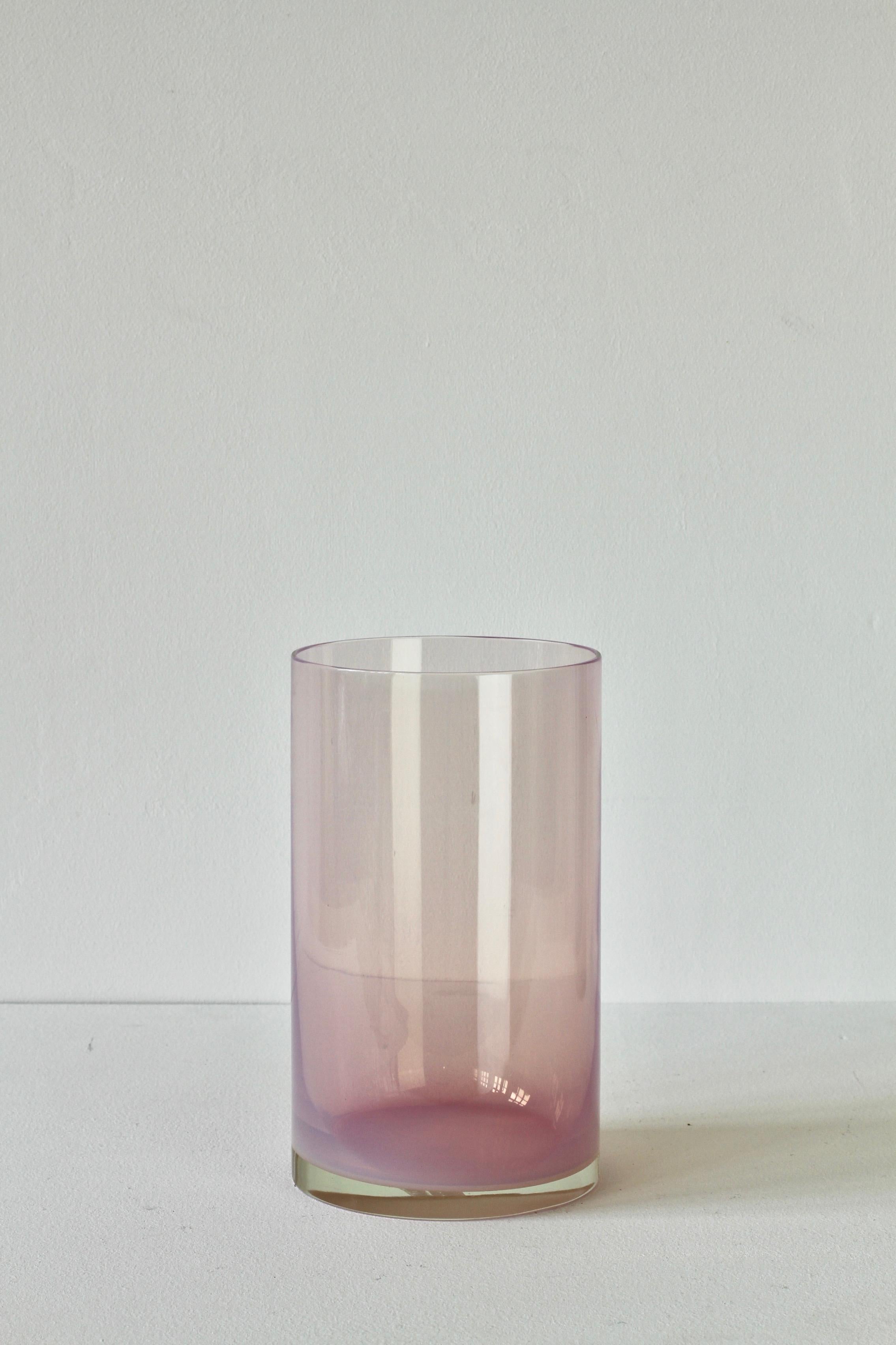 Midcentury, vintage Italian vibrant pink 'Opalino' Murano glass vase designed by Antonio da Ros for Cenedese, circa 1970-1990 Wonderful translucent color (colour) of vibrant pink. Simplistic yet elegant form which is minimalist, almost