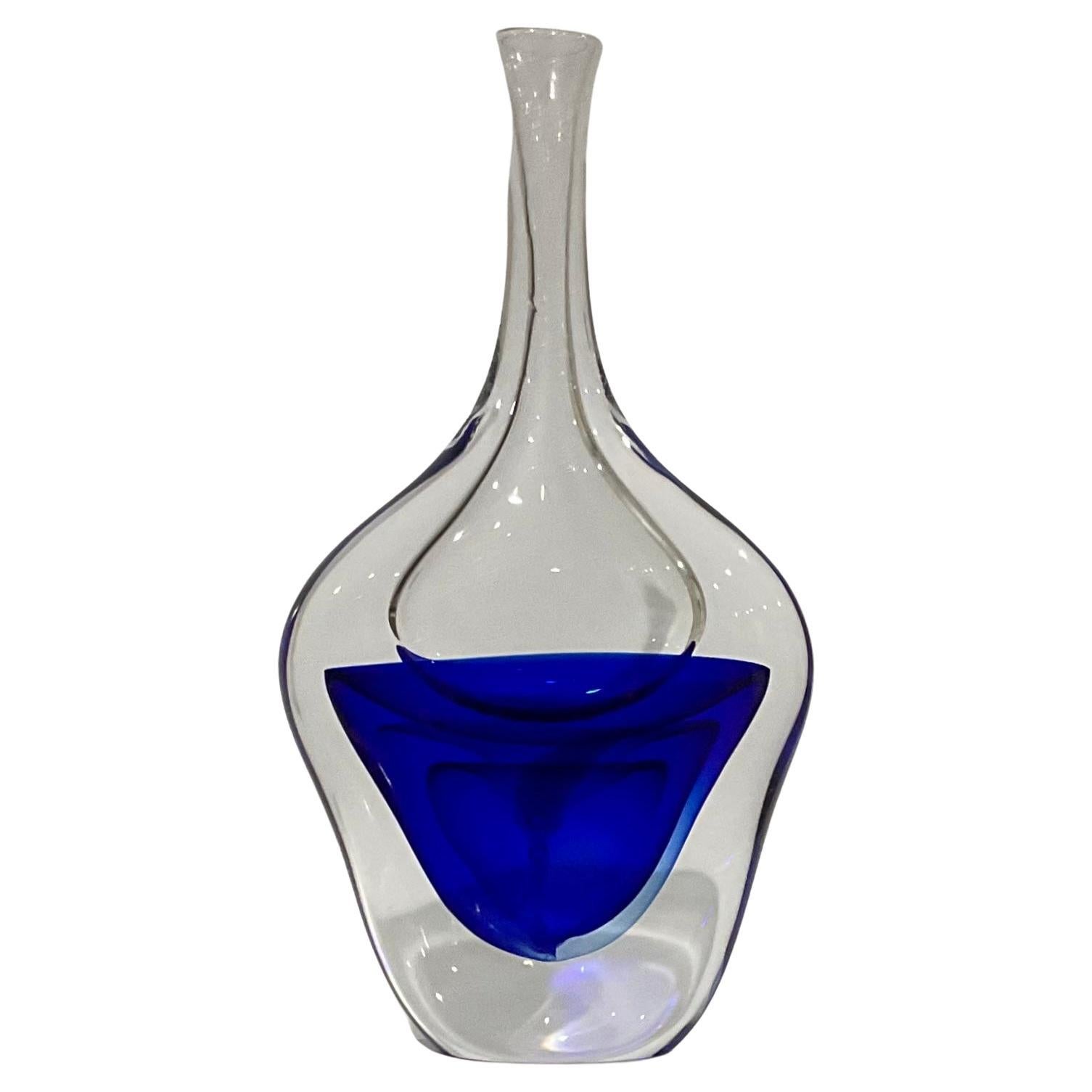 Antonio da Ros Signed Cenedese Murano Glass Vase circa 1960s Layered Blue For Sale