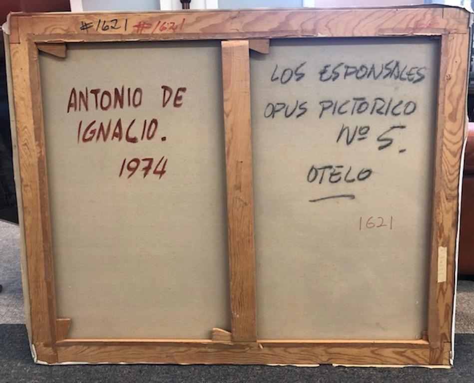 Antonio De Ignacio (1944 -  )

Spanish artist. His works are widely represented in the multiple private and commercial galleries. 


“Los Esponsales Opus Pictórico
  N* 5, Otelo”

Oil on canvas, signed and dated lower left
Frameless
1974
32” x 39”
