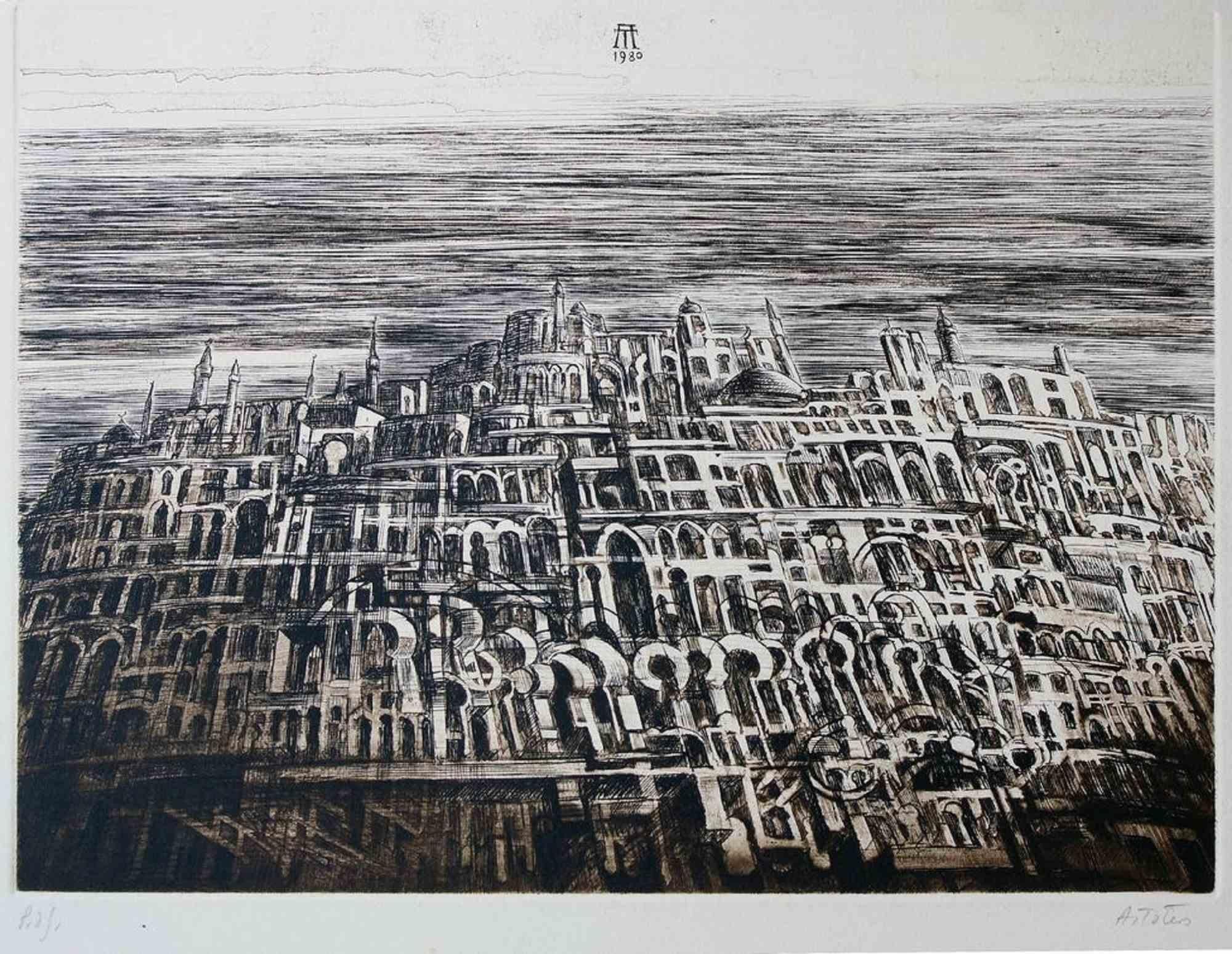 Antonio De Totero Landscape Print - Castle - Etching by Antonio de Totero - 1980s