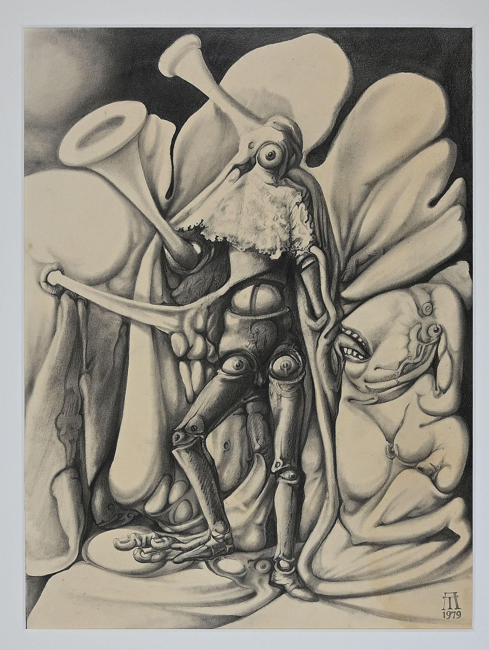 Antonio De Totero Figurative Print – Fantastische Figur – Bleistift und Holzkohle von A. De Totero – 1979