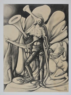 Fantastische Figur – Bleistift und Holzkohle von A. De Totero – 1979