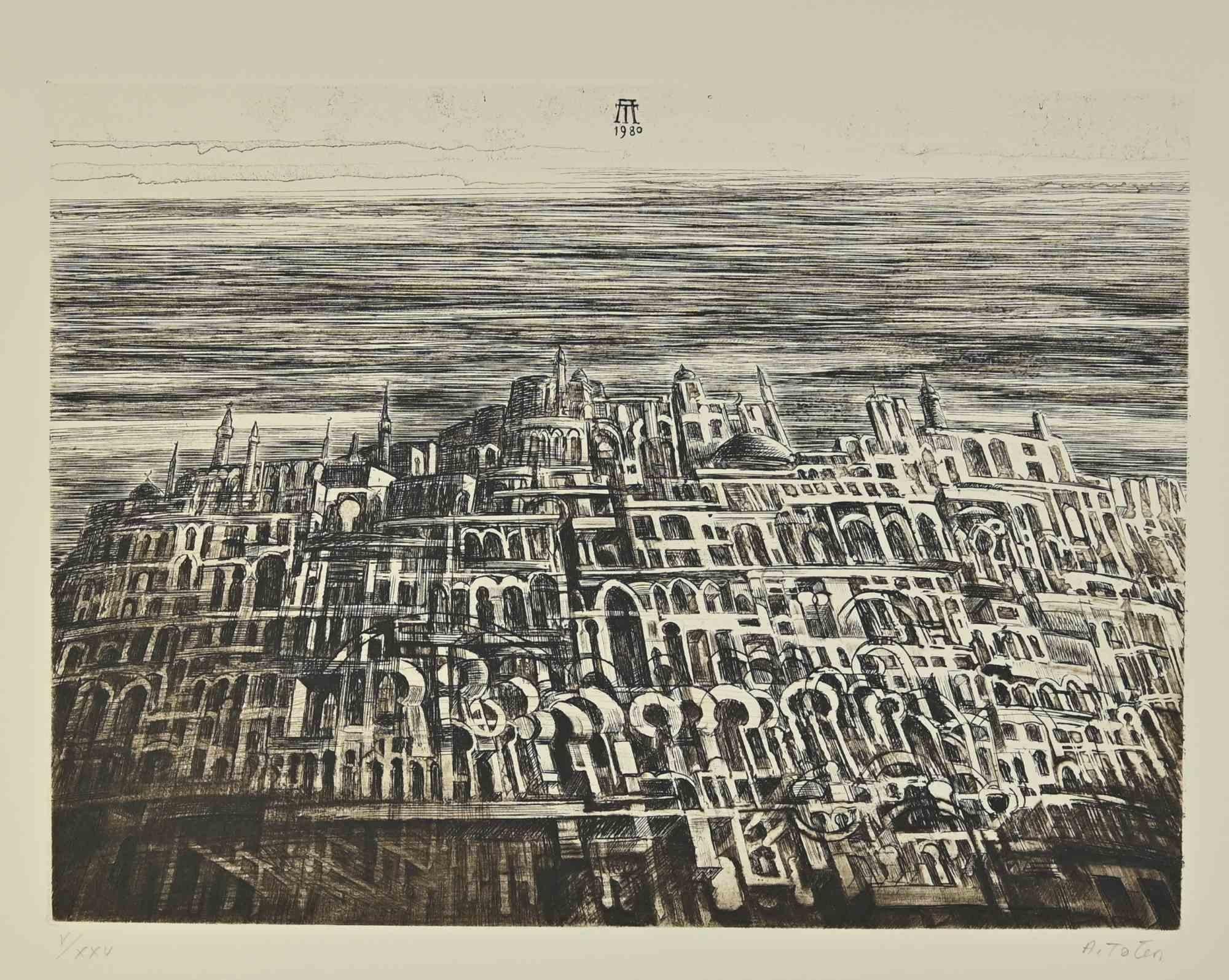 Antonio De Totero Landscape Print - The Castle - Etching by Antonio de Totero - 1980s